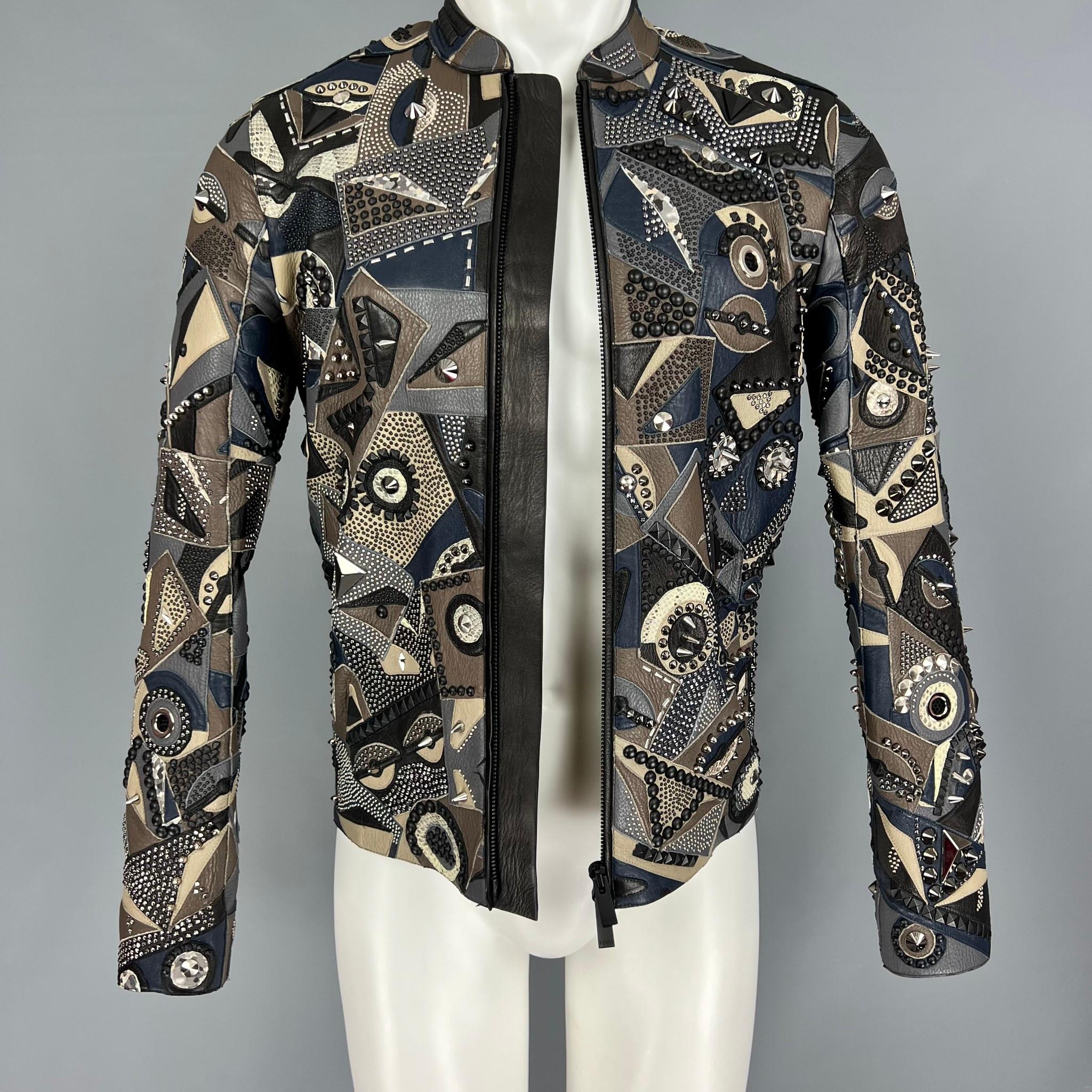 Gray FENDI Spring 2016 Size 34 Grey Blue Lamb Deer Leather Snakeskin Studded Jacket