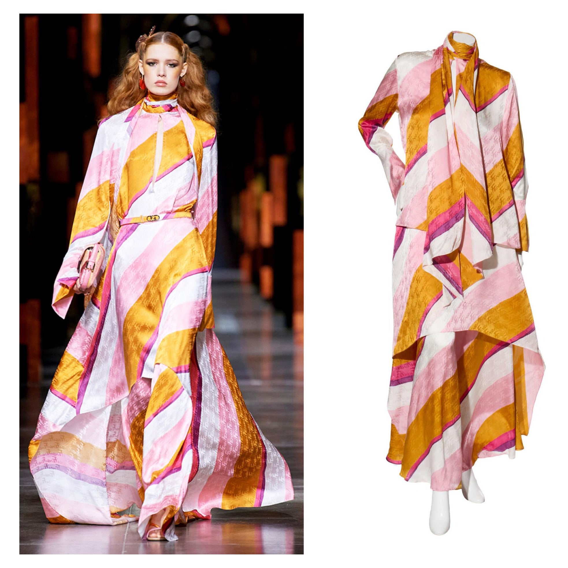 Fendi Primavera 2022 Set in seta con logo jacquard a righe (top e pantaloni), IT 40 in vendita