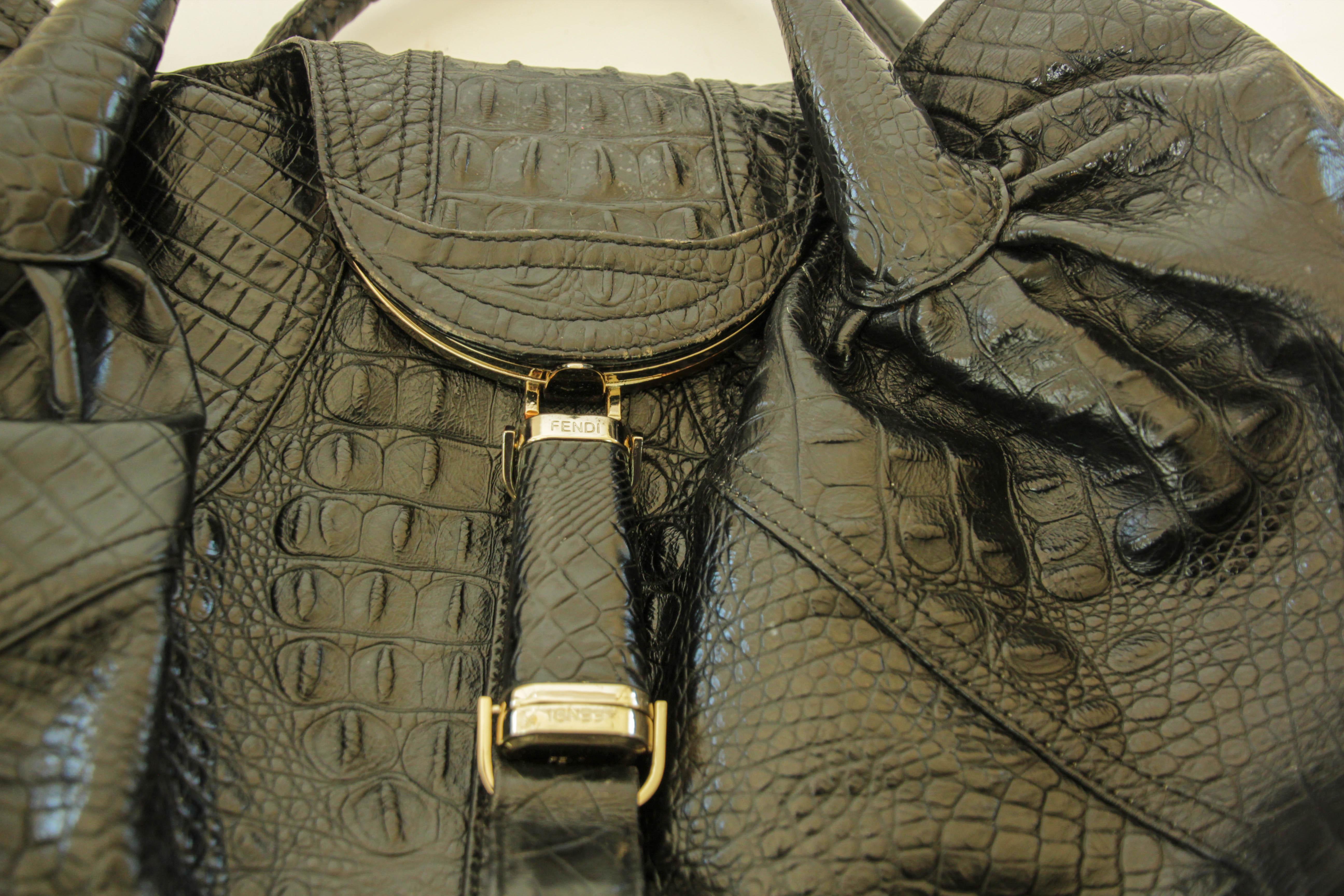 FENDI Spy Bag Black Croco Leather Large Women Tote Italy For Sale 6