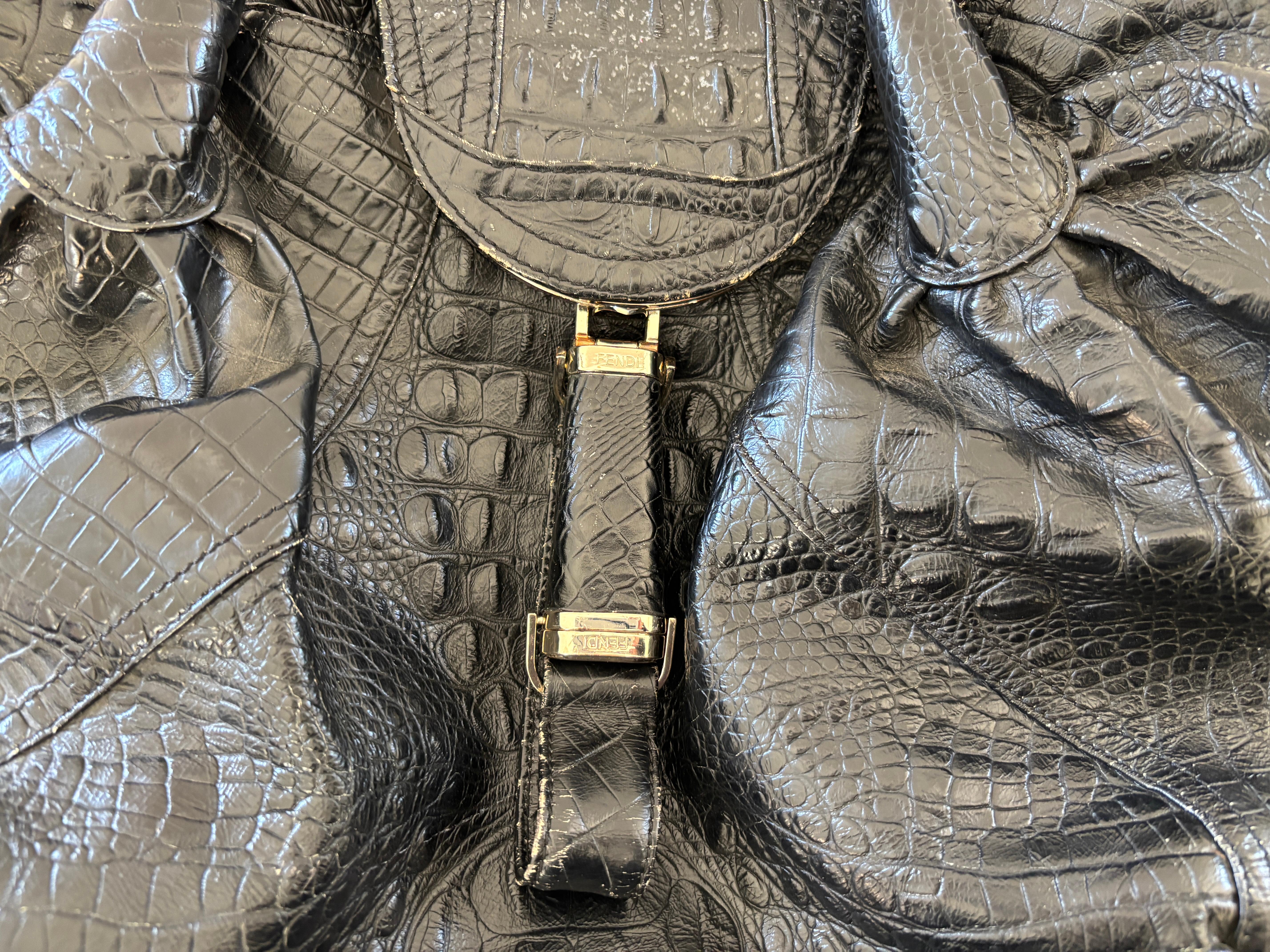 FENDI Spy Bag Black Croco Leather Large Women Tote Italy For Sale 13