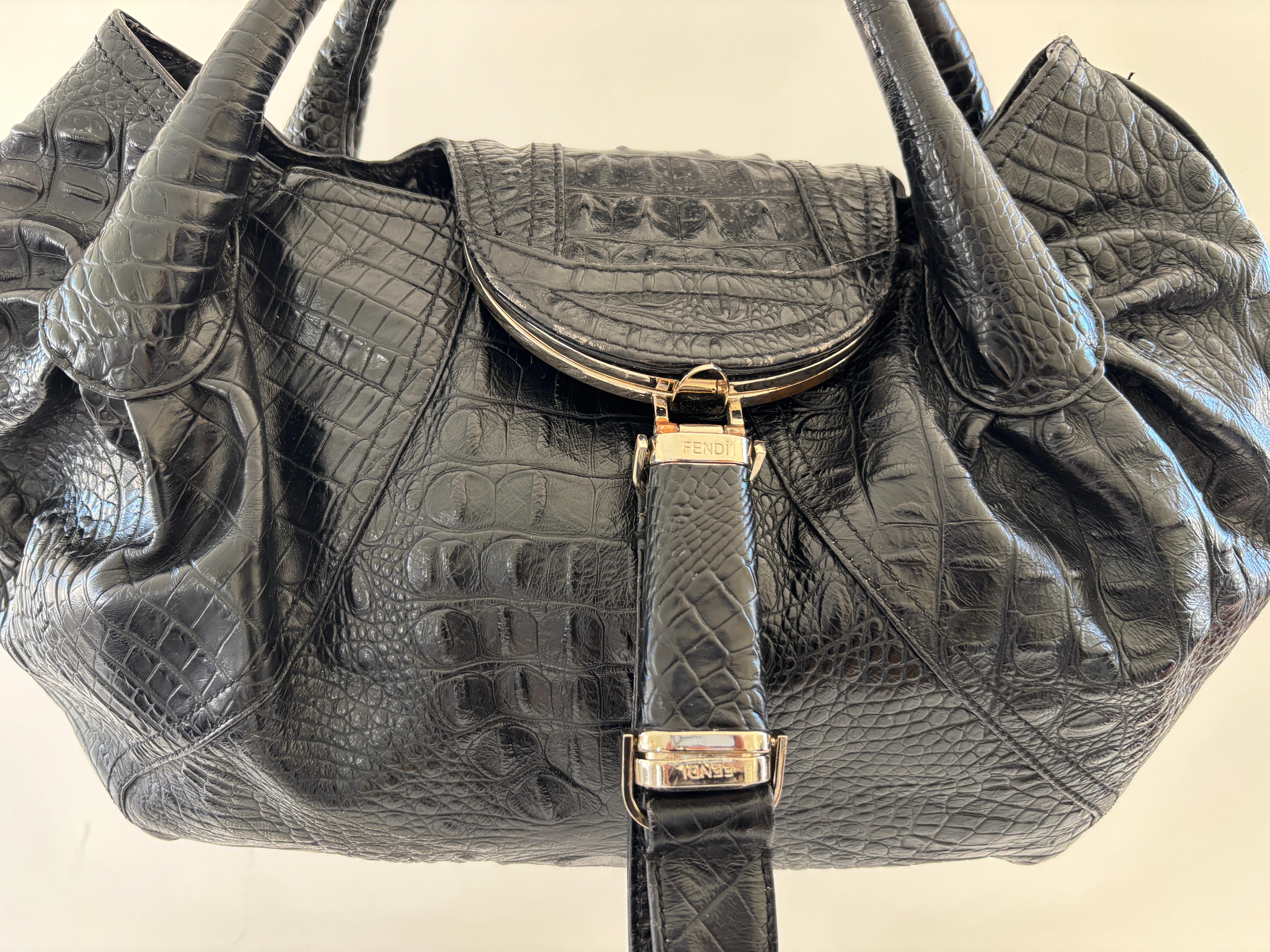FENDI Spy Bag Black Croco Leather Large Women Tote Italy In Good Condition For Sale In North Hollywood, CA