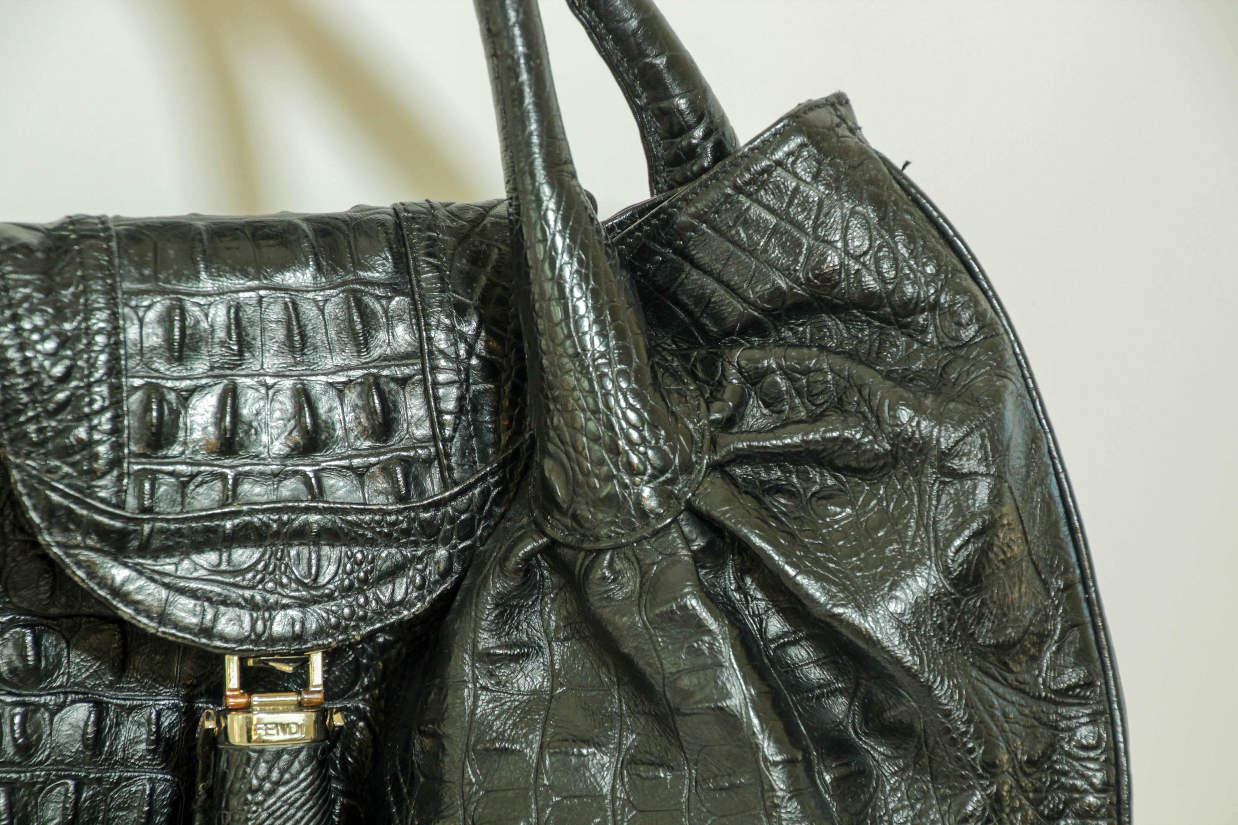 FENDI Spy Bag Black Croco Leather Large Women Tote Italy For Sale 1