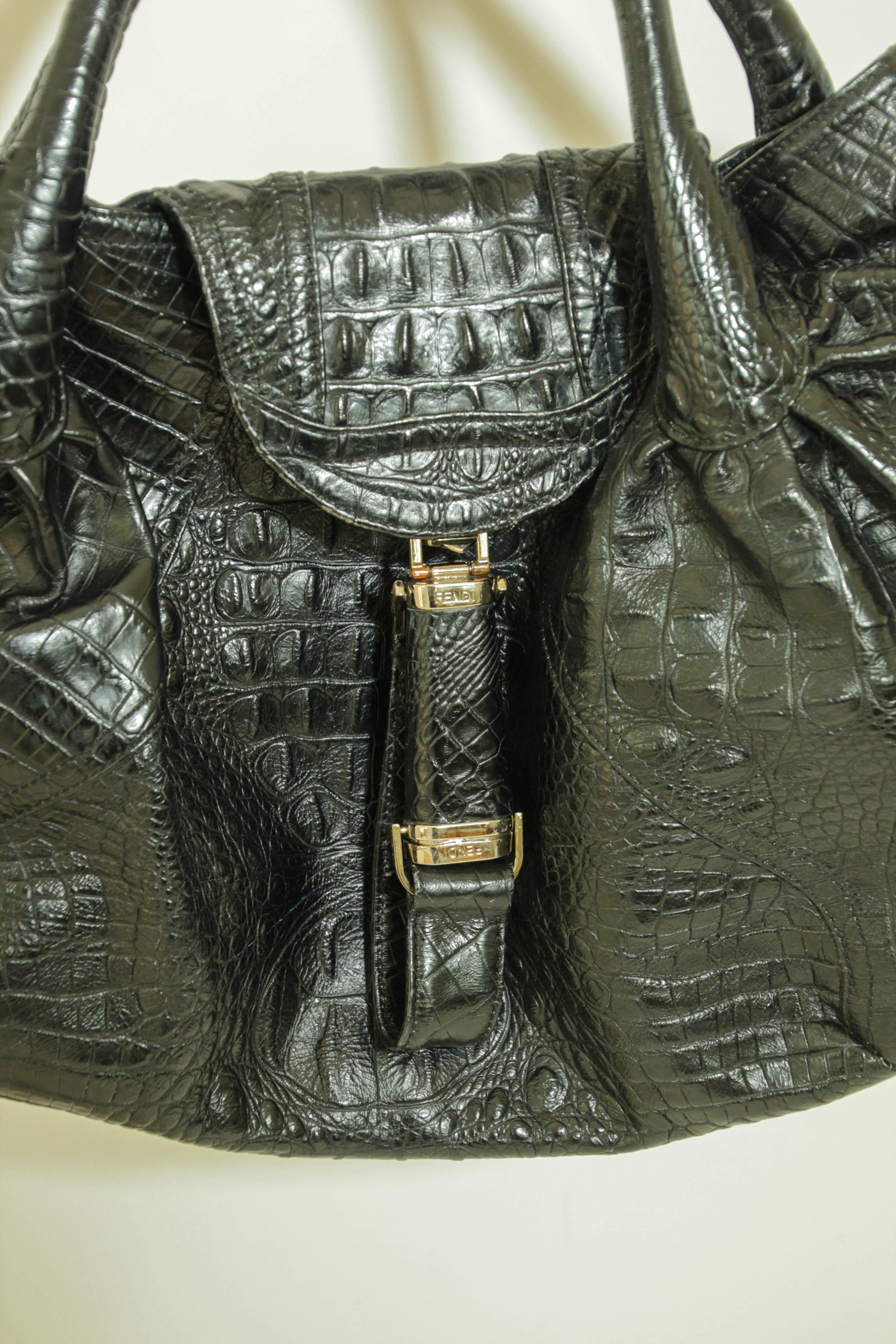 FENDI Spy Bag Black Croco Leather Large Women Tote Italy For Sale 2