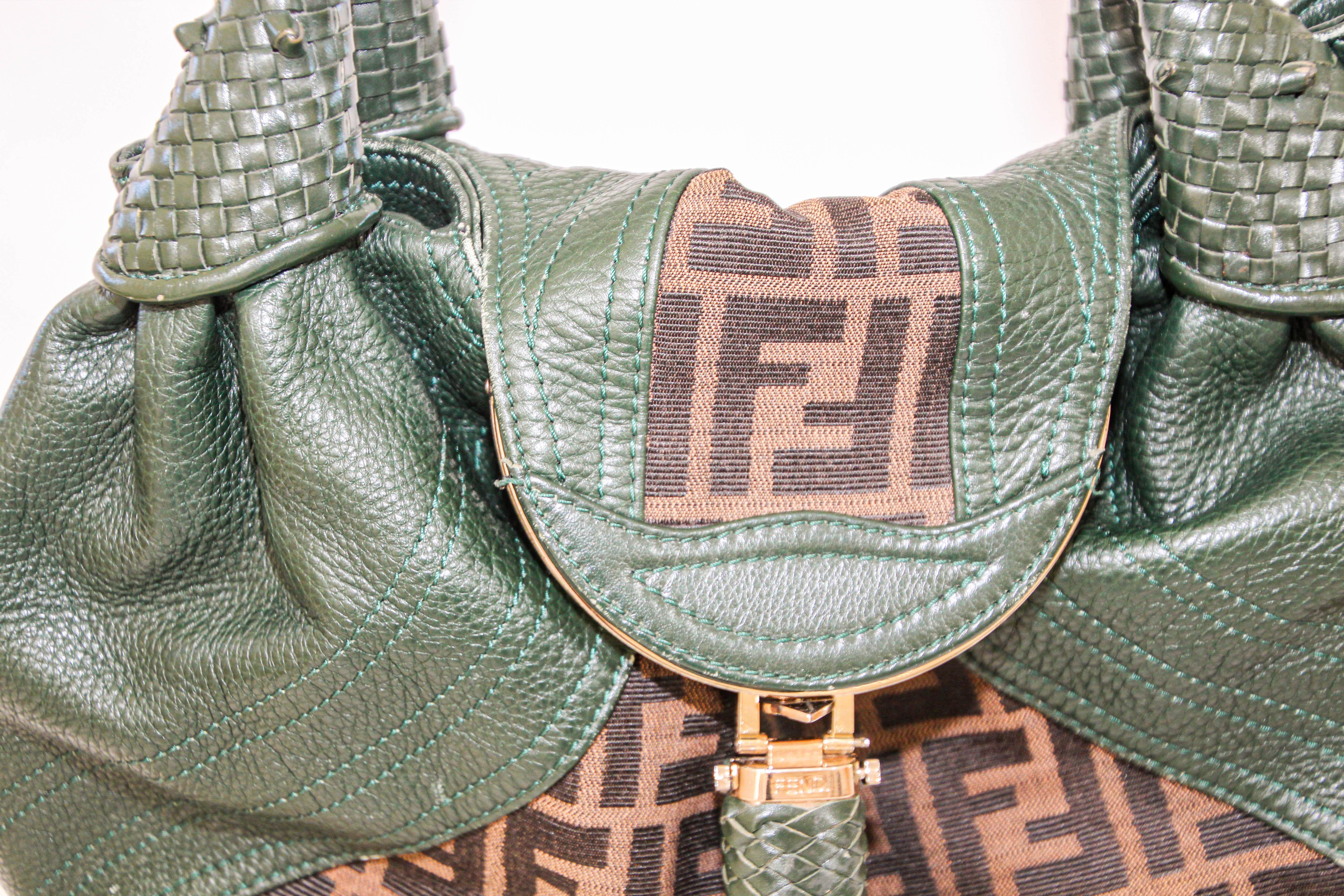 Gray FENDI Spy Bag Green Leather and Brown Zucca Monogram Canvas Large Women Bag For Sale