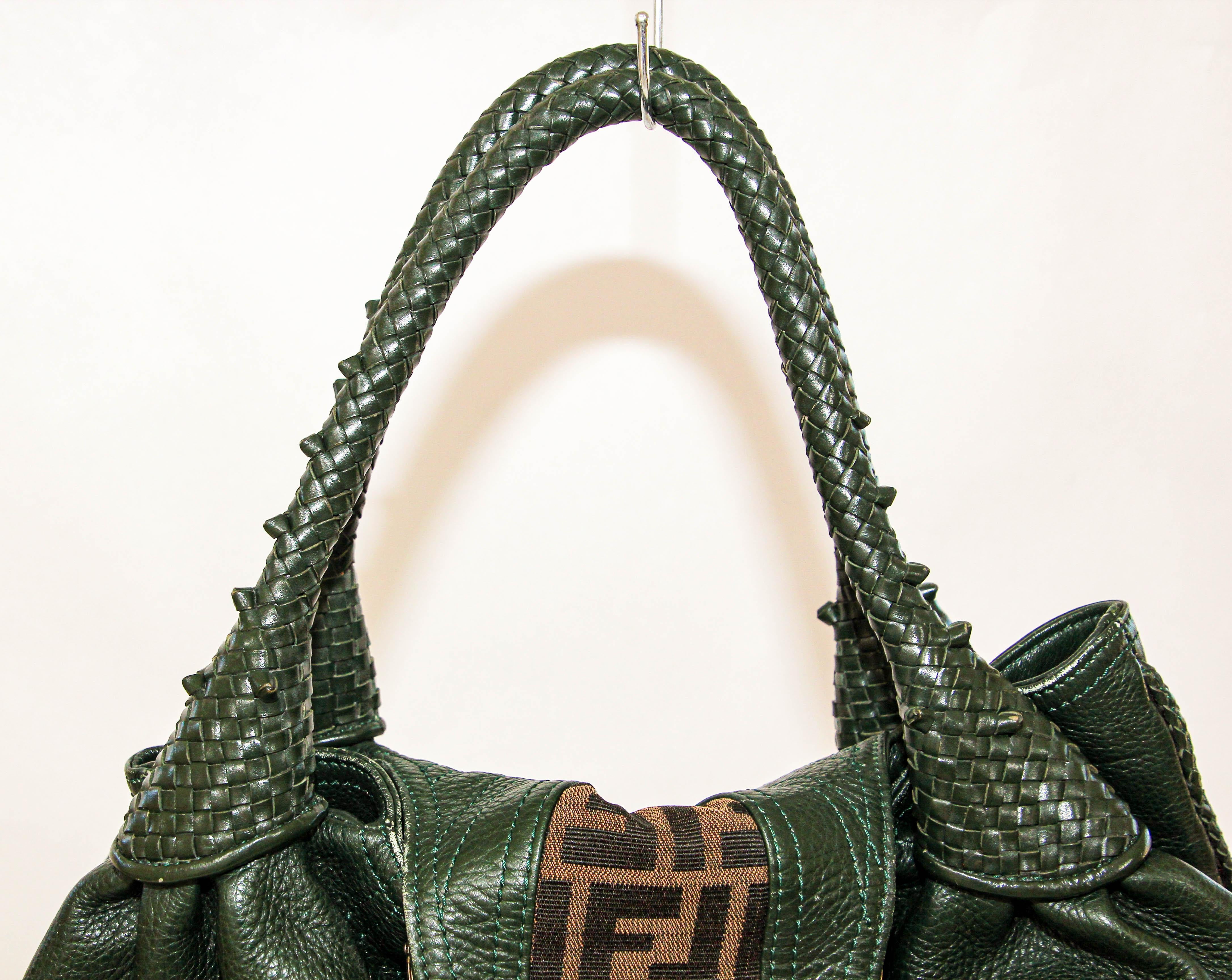 FENDI Spy Bag Green Leather and Brown Zucca Monogram Canvas Large Women Bag For Sale 1