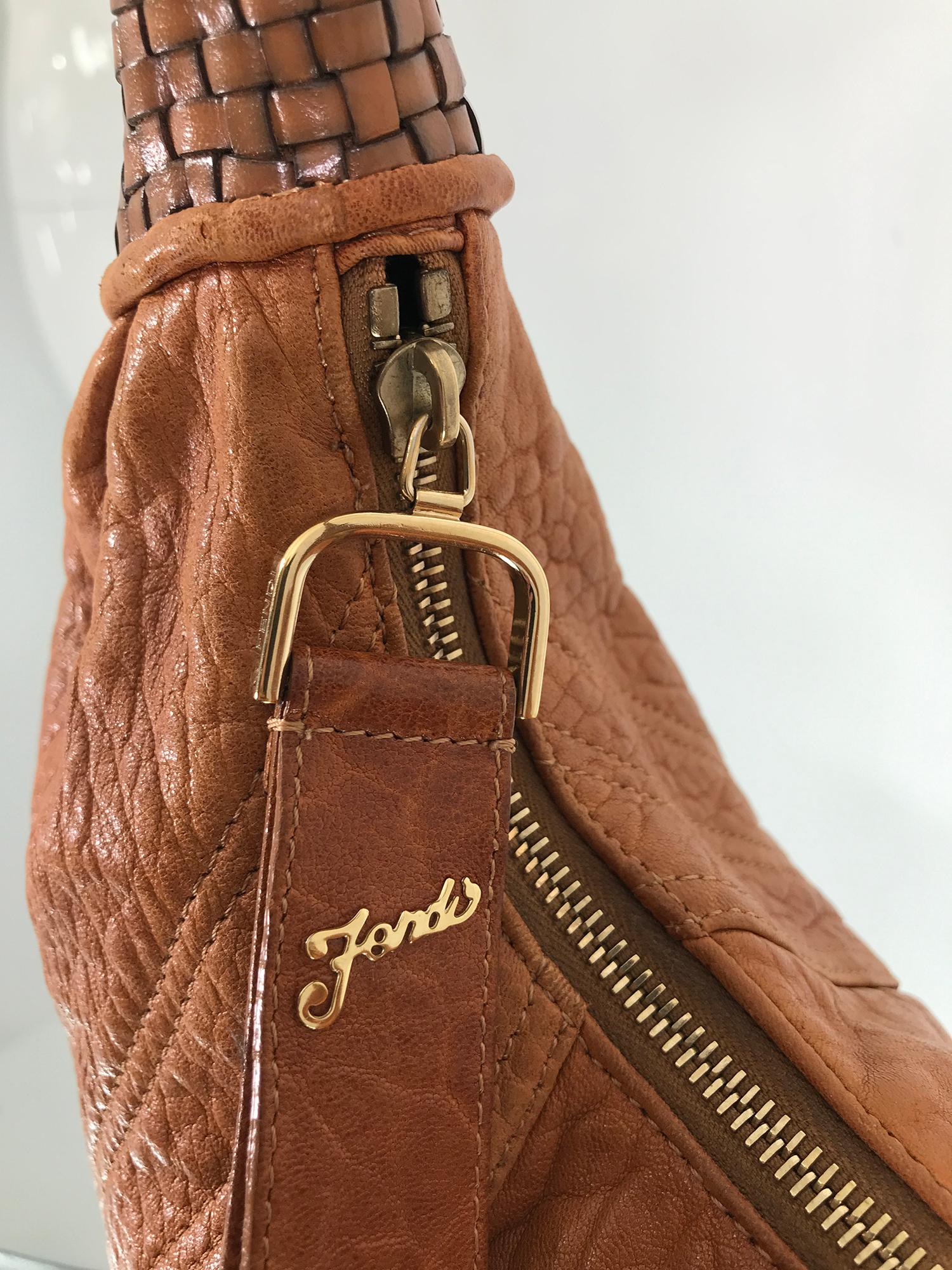 Brown Fendi Spy Boho Shoulder Bag in Caramel Leather Zucca Lining For Sale