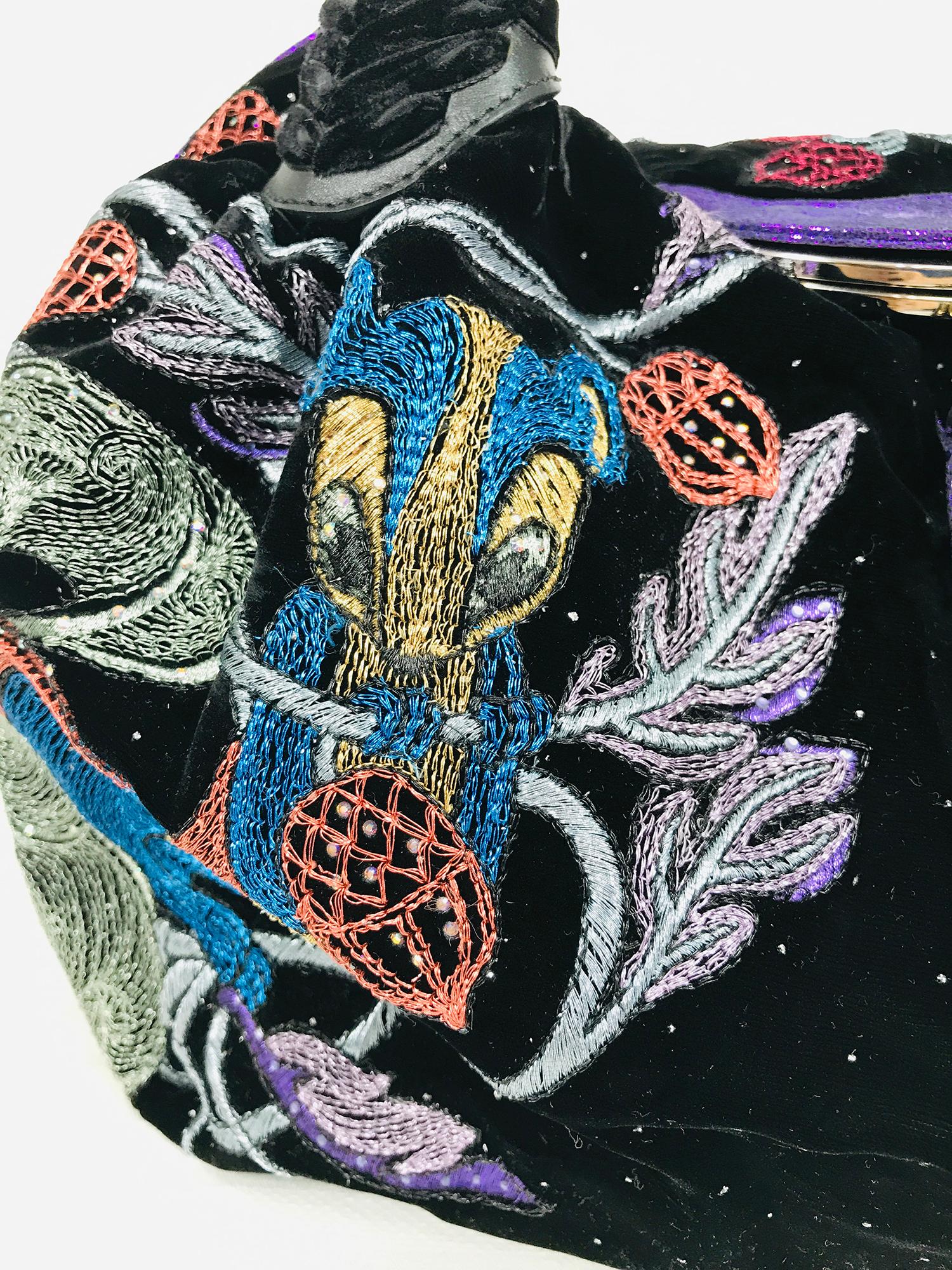 Fendi squirrel velvet purple sparkle suede metallic embroidered spy bag. Embroidered black velvet with silver metallic sparkle stars and metallic coloured embroidery which thread highlight the squirrels, flora & fauna. Iridescent sparkle purple