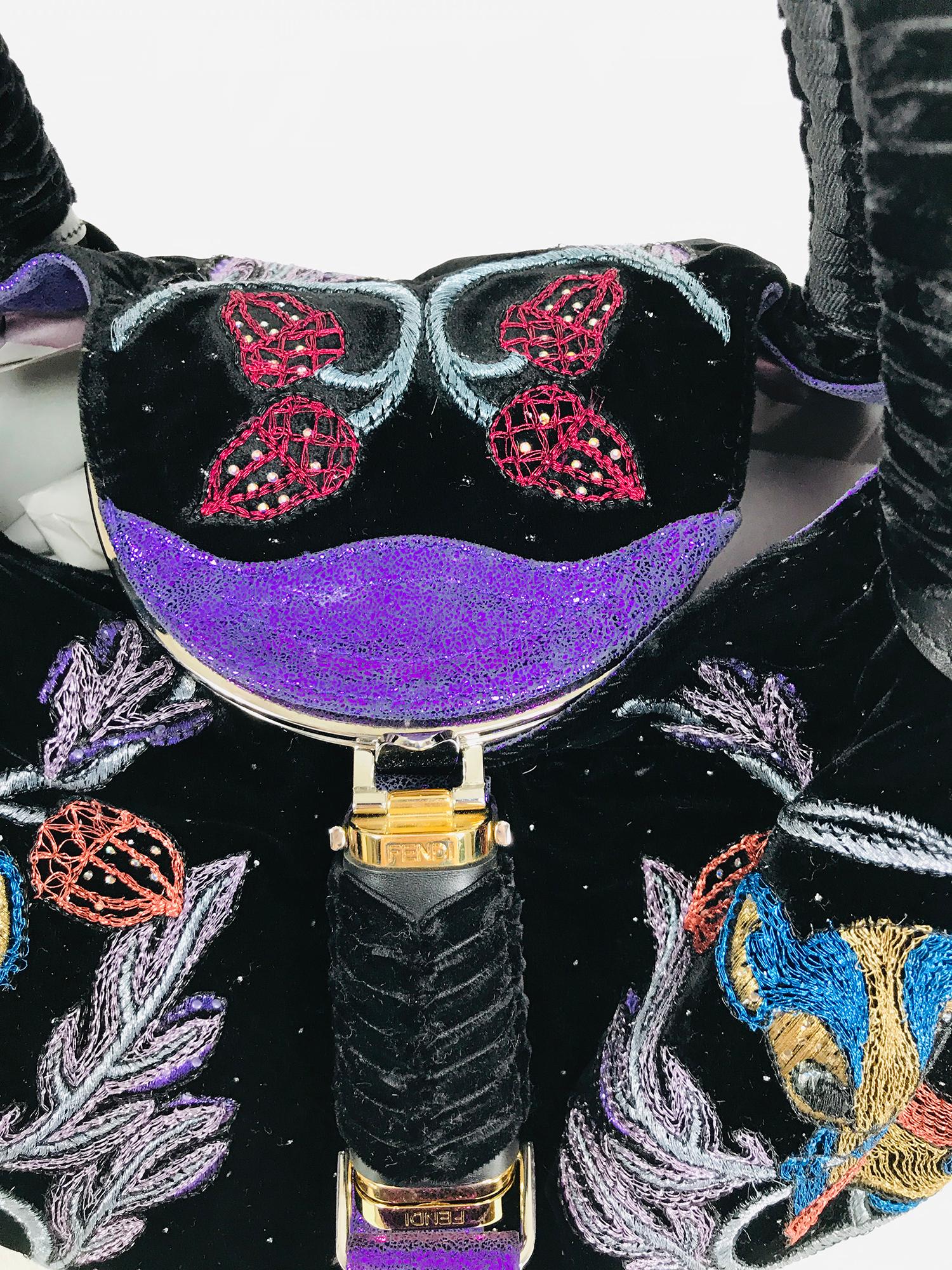 Black Fendi Squirrel Velvet Purple Sparkle Suede Metallic Embroidered Spy Bag  