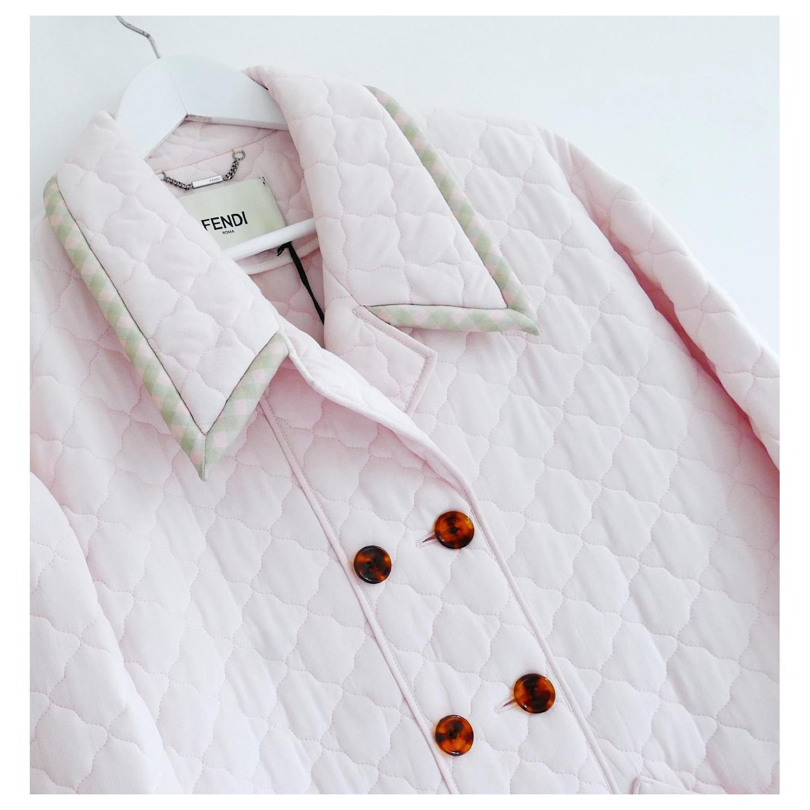 Utterly delicious Fendi quilted jacket. From SS20 and this was part of the first look on the runway. bought for £2650 and new with tags/spare buttons. Made from lightweight pale pink quilted washed silk crepe de chine with contrast check pattern