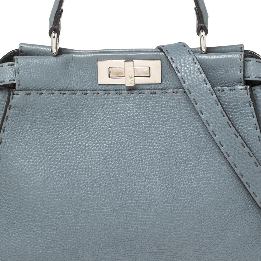 Fendi Stone Blue Selleria Leather Medium Peekaboo Top Handle Bag 5