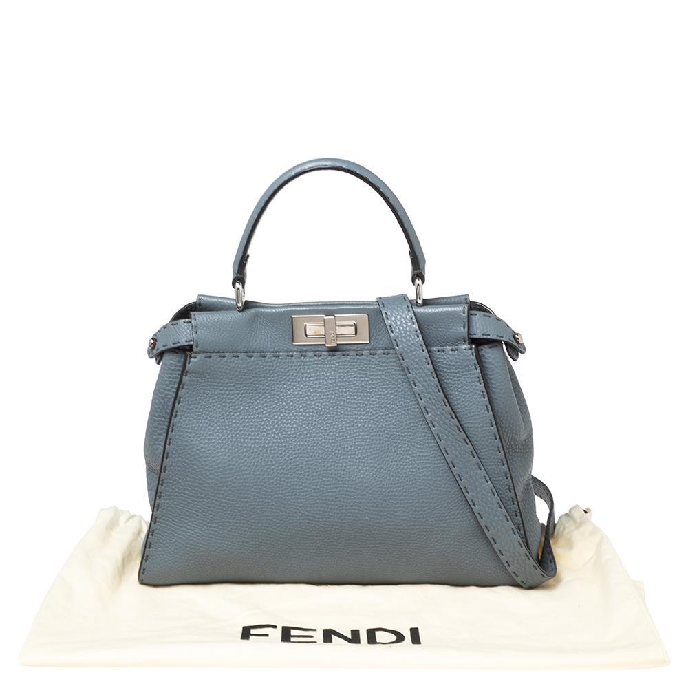 Fendi Stone Blue Selleria Leather Medium Peekaboo Top Handle Bag 6