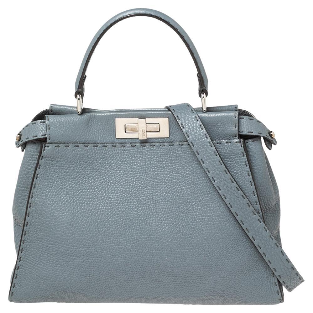 Fendi Stone Blue Selleria Leather Medium Peekaboo Top Handle Bag