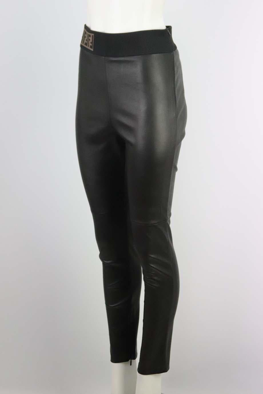 These pants by Fendi are made from the softest stretch-leather, they're fitted with a logo jacquard elasticated waistband which makes them even comfier to wear. Black leather. Pull on. 100% Leather (Lamb); fabric2: 65% polyester, 30% polyamide, 5%