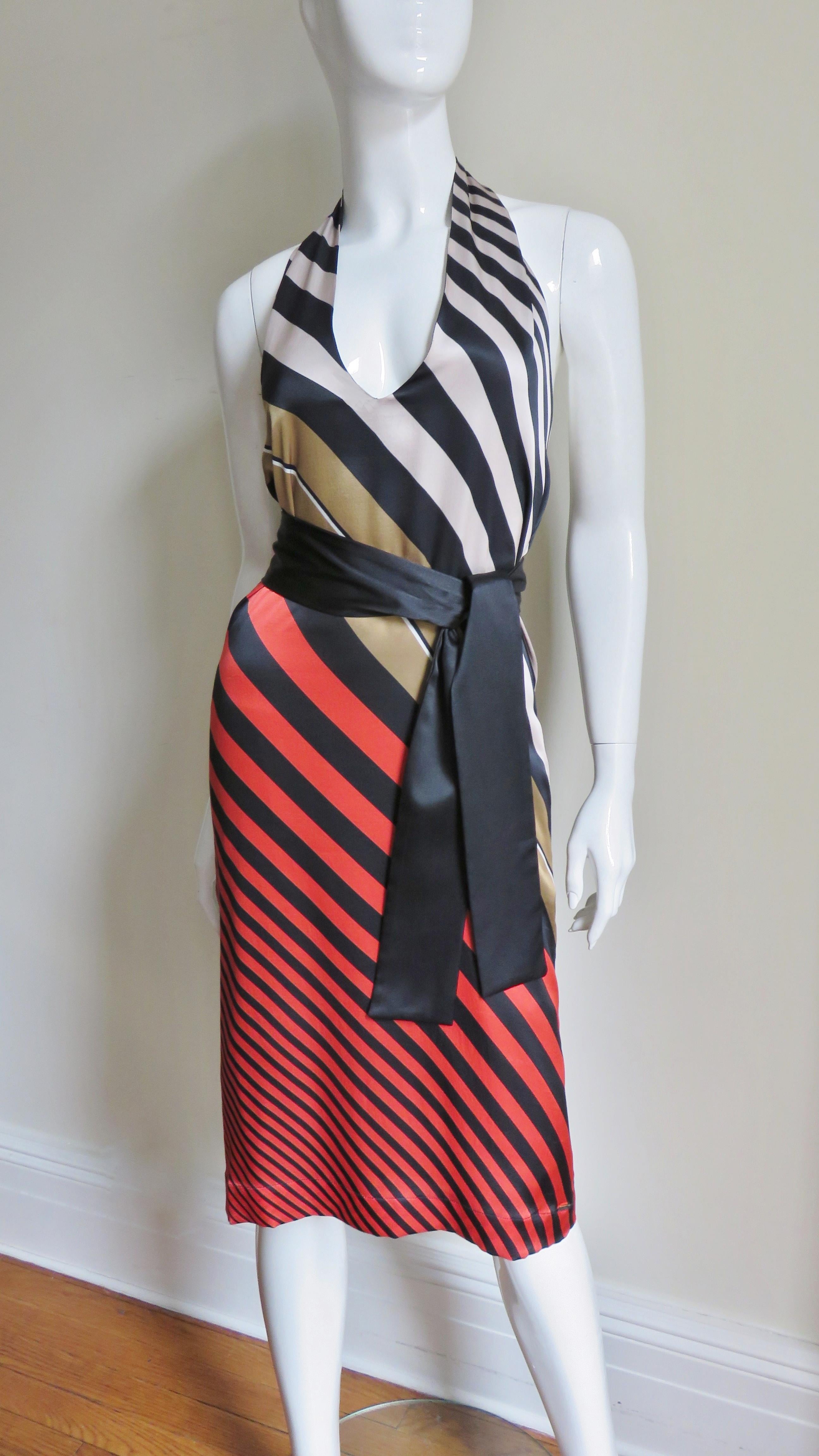 Fendi Striped Silk Plunge Halter Dress 2