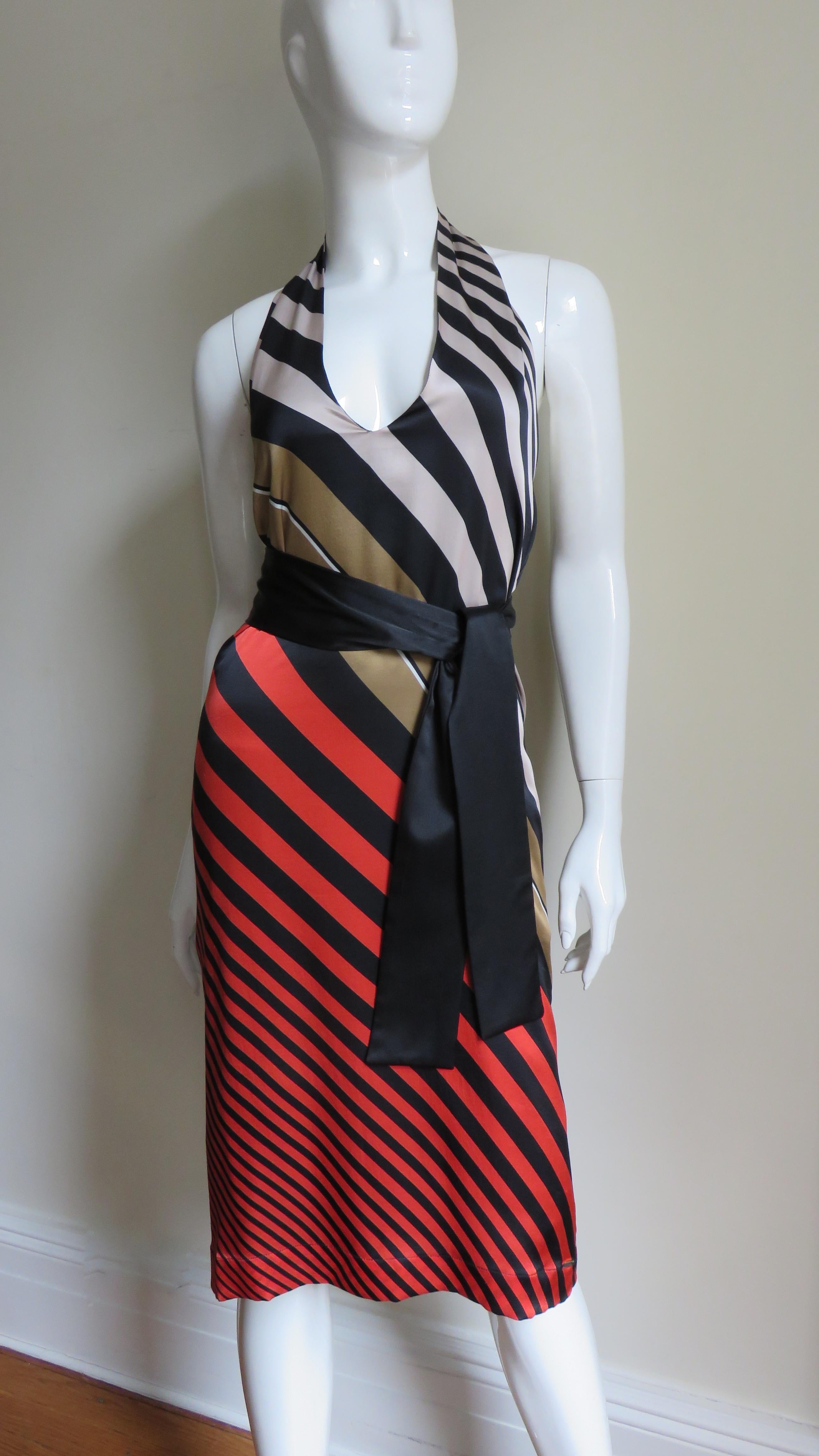 Black Fendi Striped Silk Plunge Halter Dress