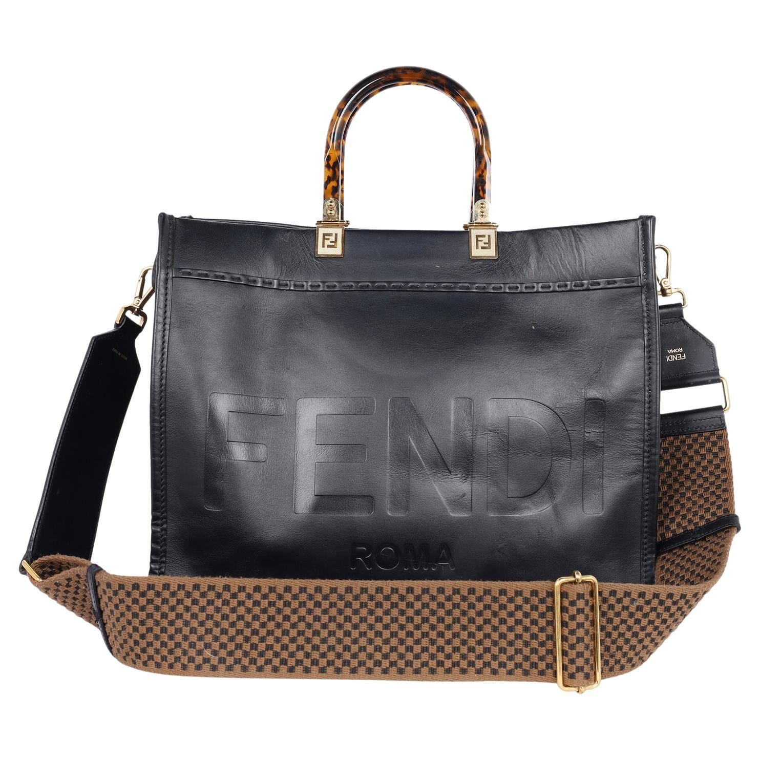Fendi Sunshine Medium Leather Shopper Tote Black