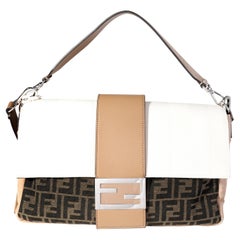 Fendi Tabacco Brown & Creme Zucca and Pequin Canvas & Suede Convertible Baguette