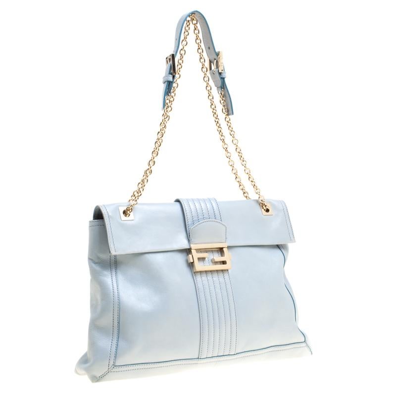 Fendi Tale Blue Leather Maxi Baguette Flap Shoulder Bag For Sale at 1stDibs