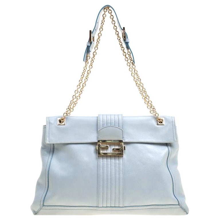 Fendi Tale Blue Leather Maxi Baguette Flap Shoulder Bag For Sale at 1stDibs