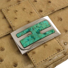 FENDI Tan Beige Ostrich Exotic Leather Silver Top Handle Baguette Flap Bag