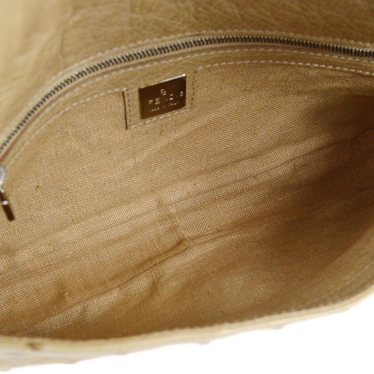 Brown FENDI Tan Beige Ostrich Exotic Leather Silver Top Handle Baguette Flap Bag