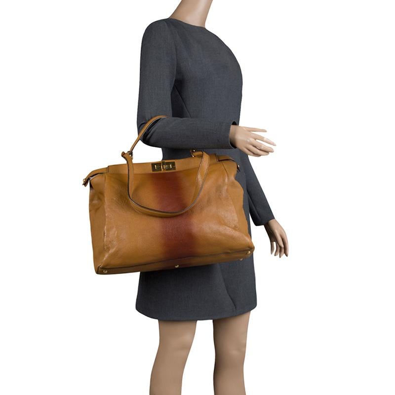 Fendi Tan/Brown Ombre Leather with Calfhair Lining Large Peekaboo Top Handle Bag In Good Condition In Dubai, Al Qouz 2