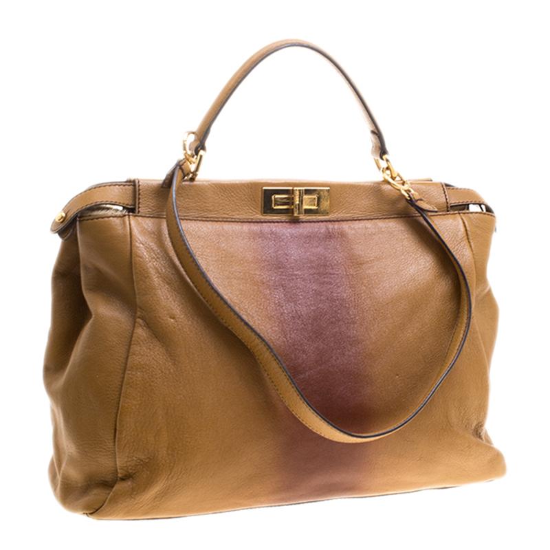 Women's Fendi Tan/Brown Ombre Leather with Calfhair Lining Large Peekaboo Top Handle Bag