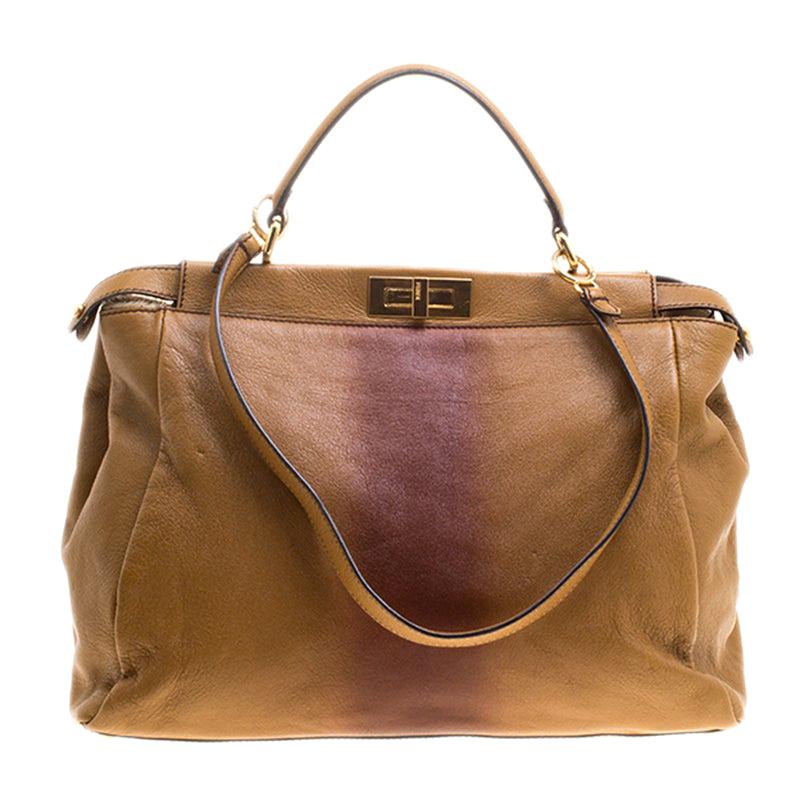 Fendi Tan/Brown Ombre Leather with Calfhair Lining Large Peekaboo Top Handle Bag