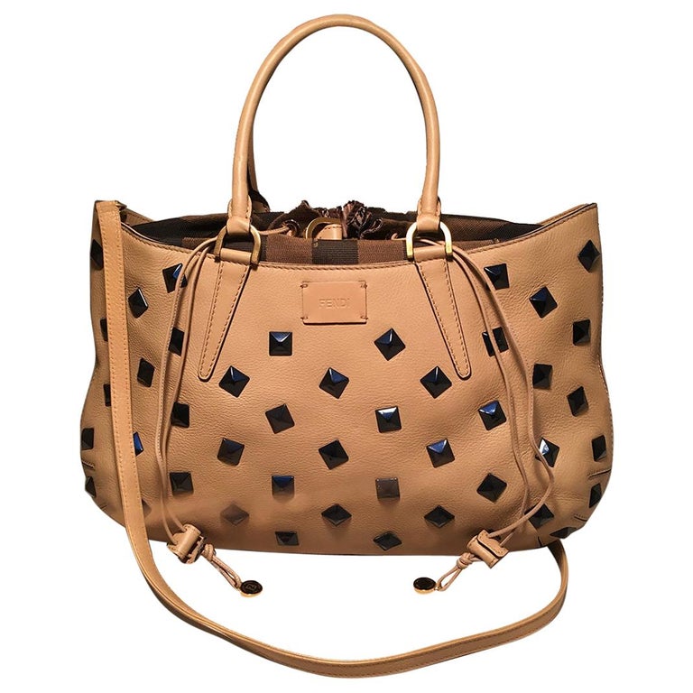 FENDI Tan Calfskin Leather Navy Studded Medium B. Fab Tote Bag For Sale ...