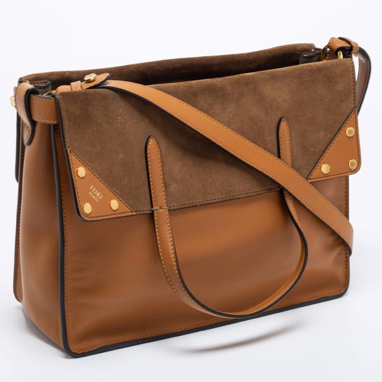 Women's Fendi Tan Leather and Suede Flip Tote For Sale