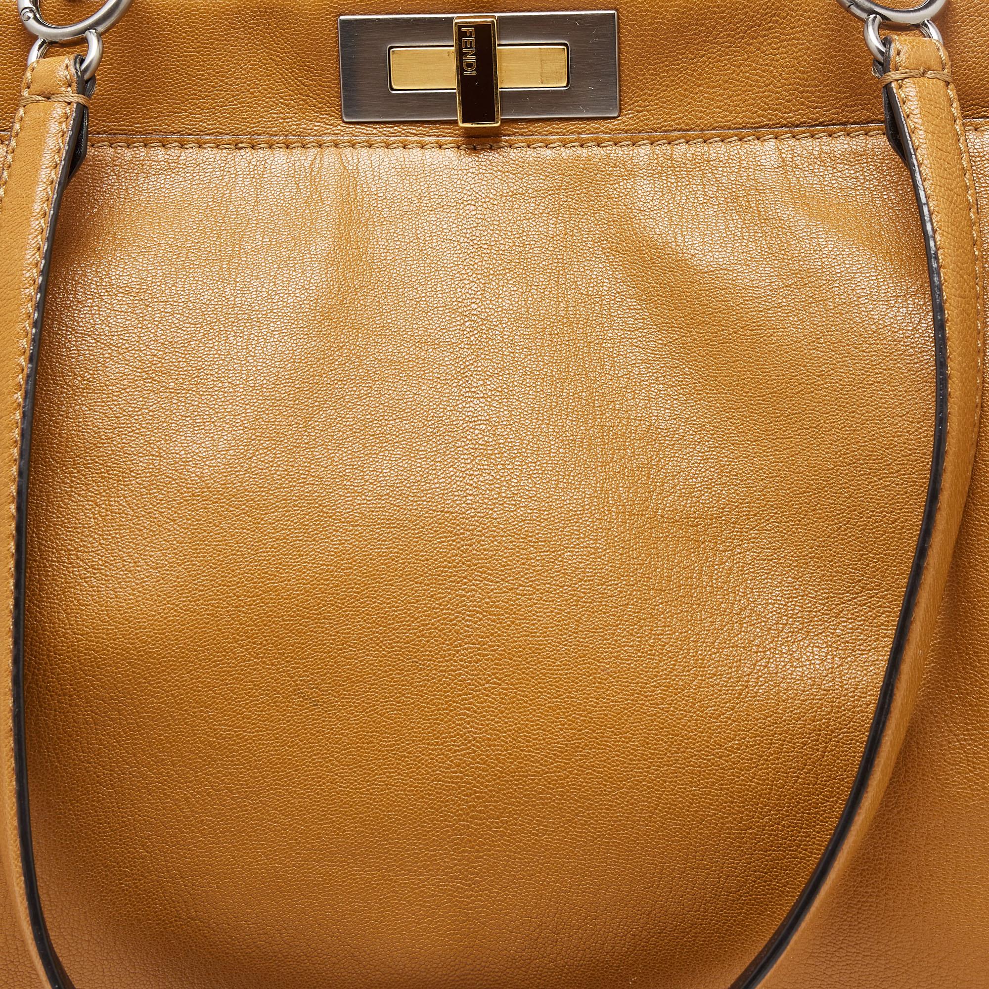 Fendi Tan Leather and Zucca Canvas Lining Large Peekaboo Top Handle Bag 2