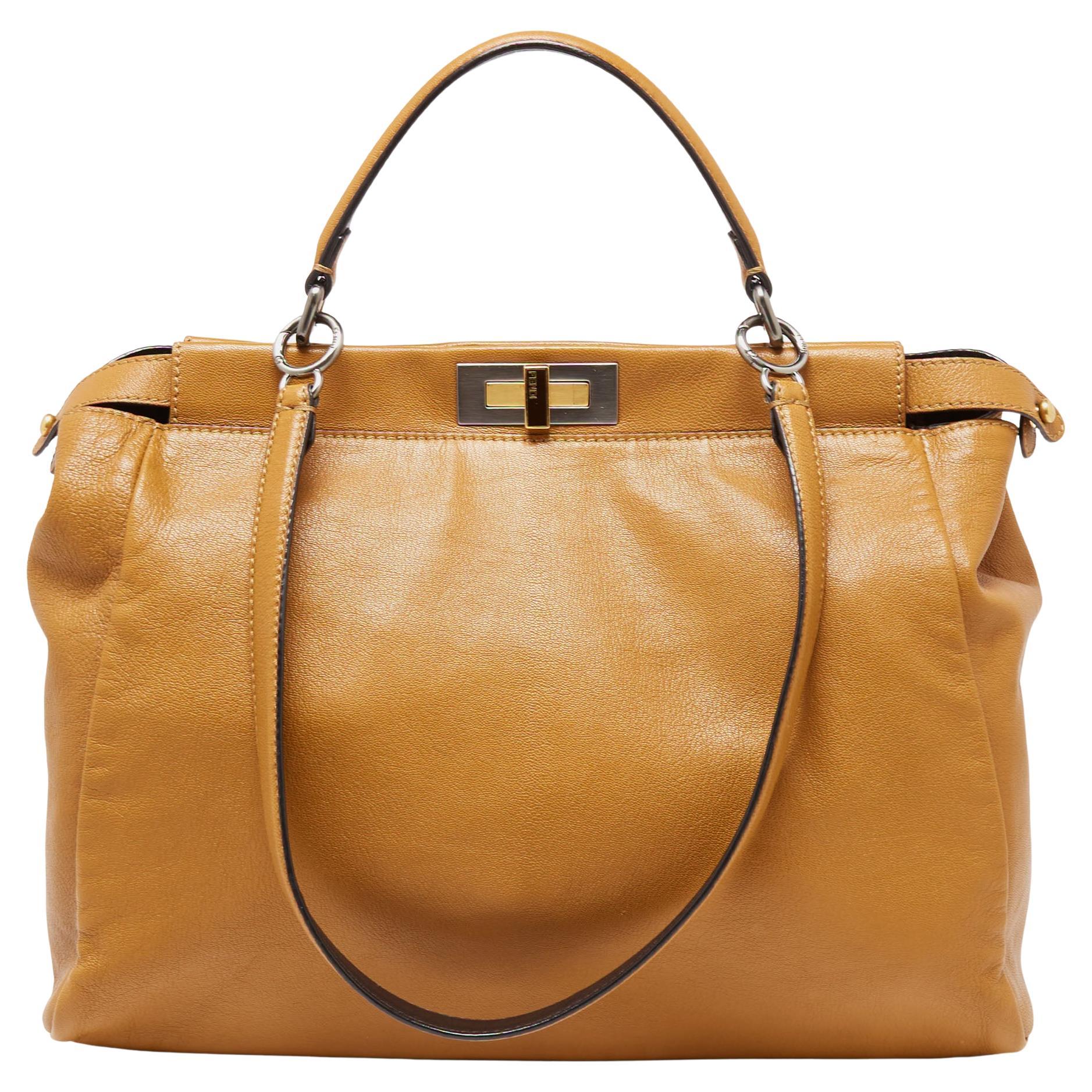 Fendi Tan Leather and Zucca Canvas Lining Large Peekaboo Top Handle Bag