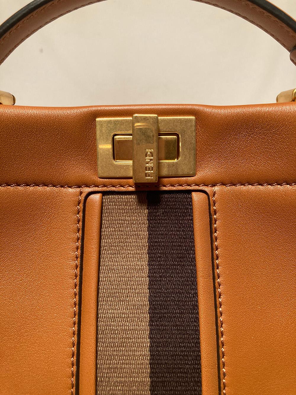 Fendi Peekaboo Mini aus hellbraunem Leder und Segeltuch mit Streifen 1