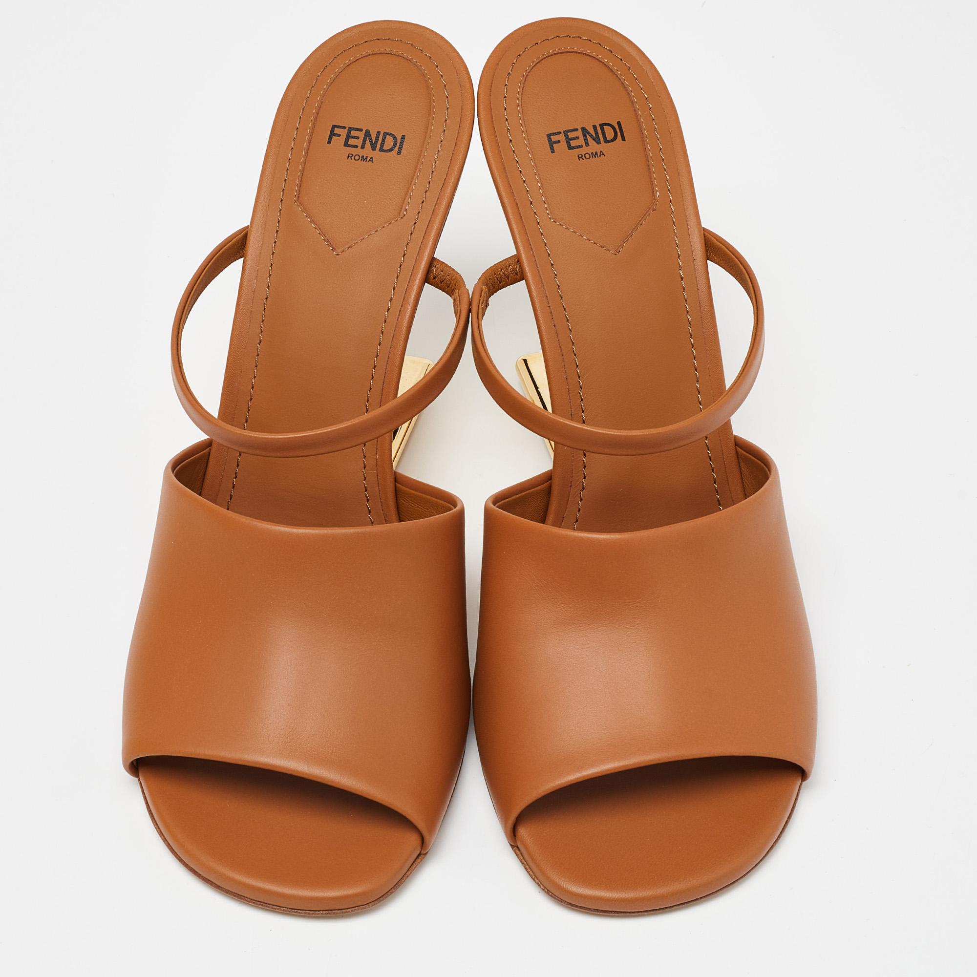 Fendi Tan Leather First Heel Mules Size 40 In Excellent Condition In Dubai, Al Qouz 2