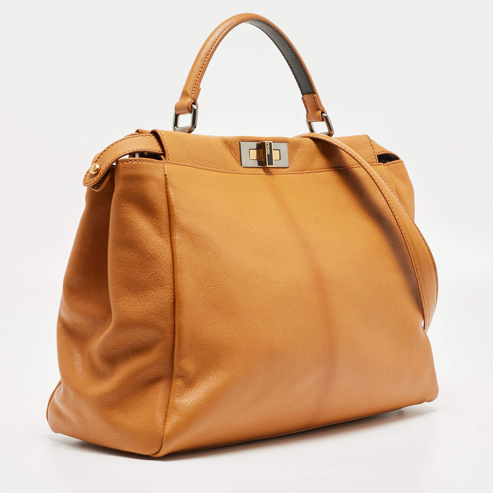 Fendi Tan Leather Large Peekaboo Top Handle Bag For Sale 13