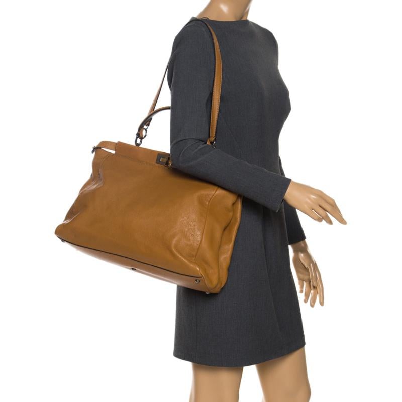 Brown Fendi Tan Leather Large Peekaboo Top Handle Bag