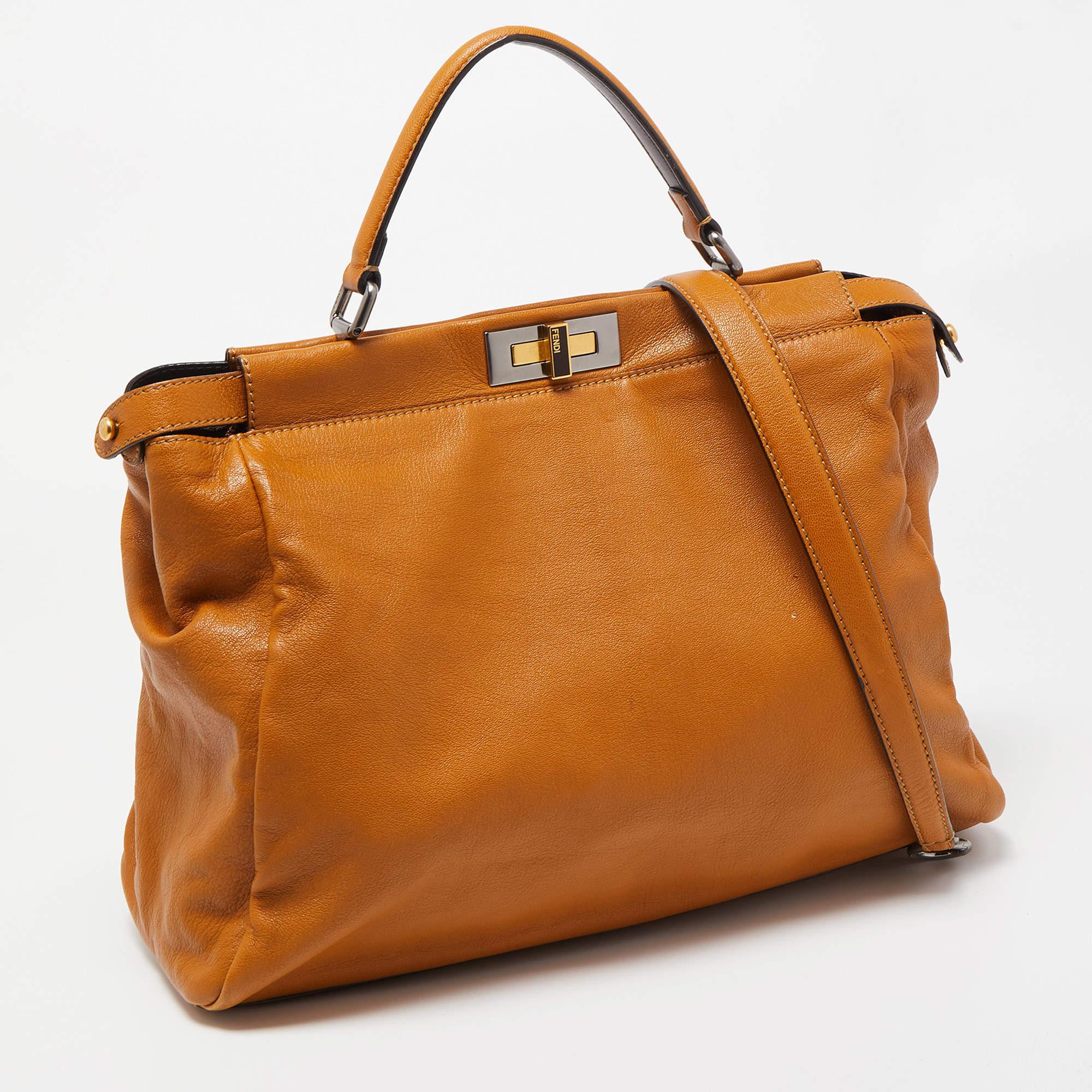 Orange Fendi Tan Leather Large Peekaboo Top Handle Bag