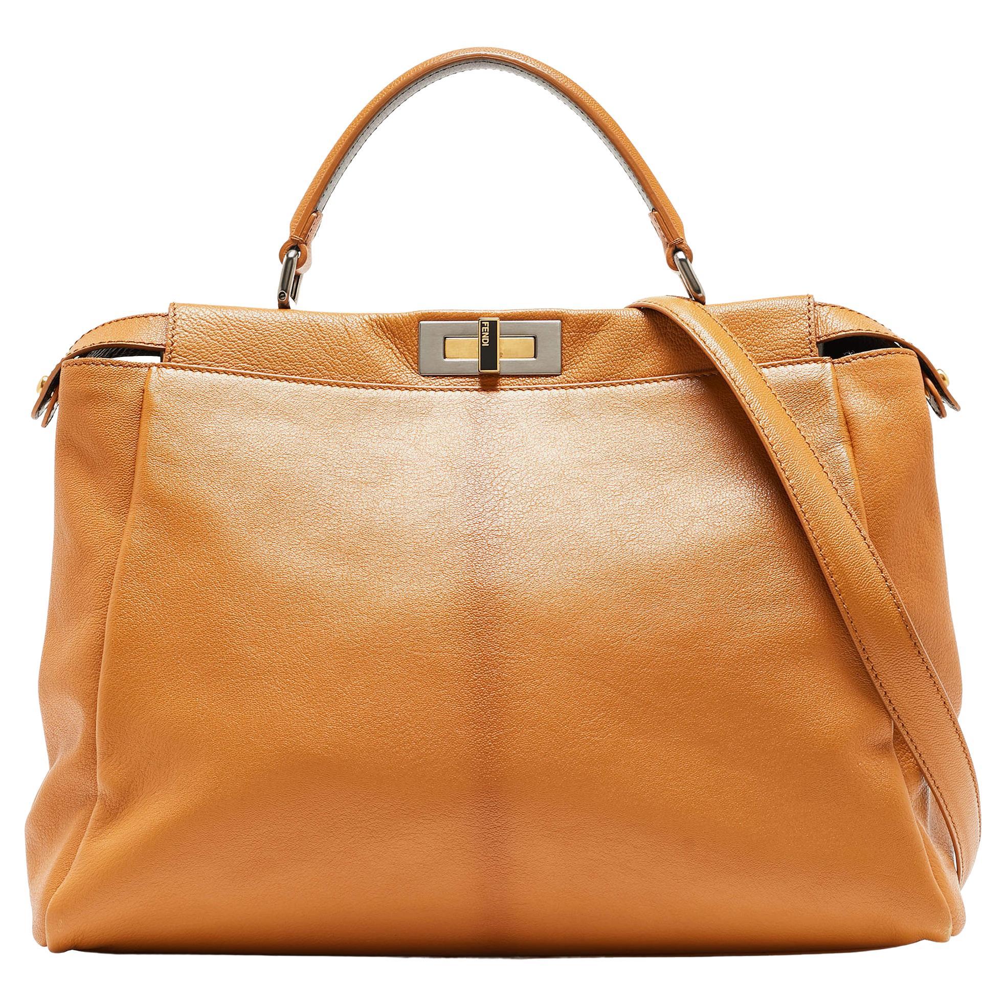 Fendi Tan Leather Large Peekaboo Top Handle Bag For Sale