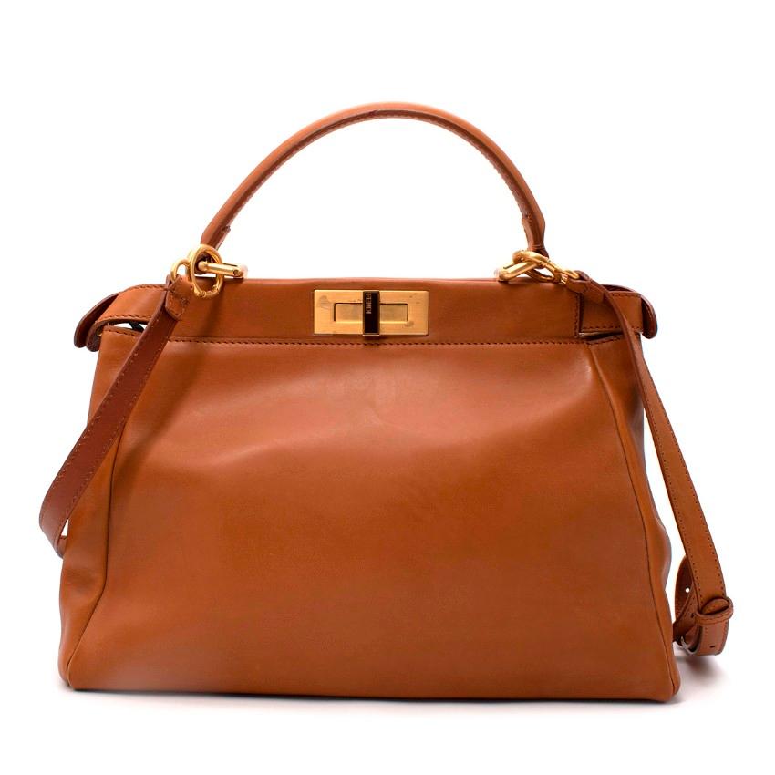 Brown Fendi Tan Leather Medium Peekaboo Top Handle Bag For Sale