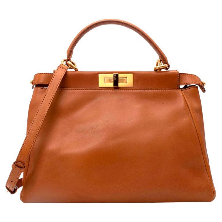 Fendi Tan Leather Medium Peekaboo Top Handle Bag For Sale