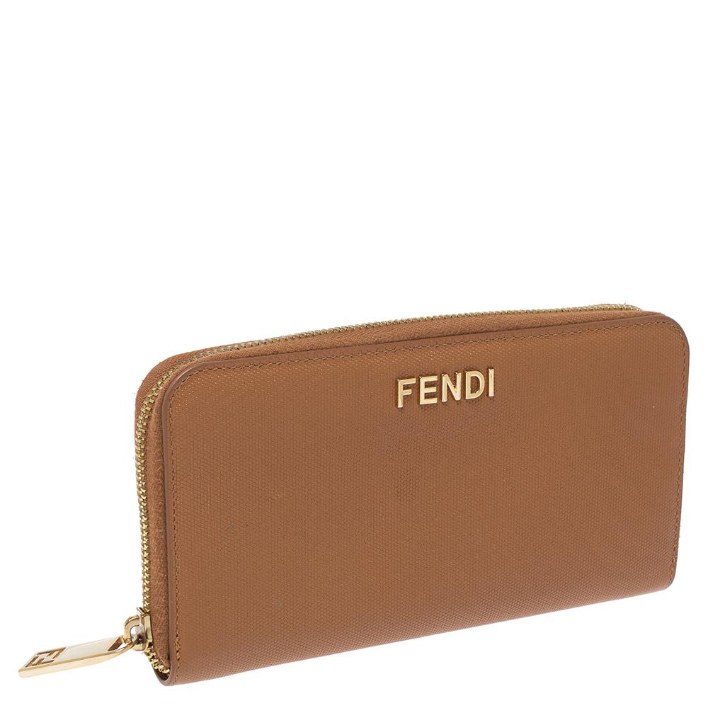 Brown Fendi Tan Leather Zip Around Wallet