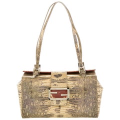 Fendi Tan Lizard Exotic Gold Small Box Evening Top Handle Satchel Bag