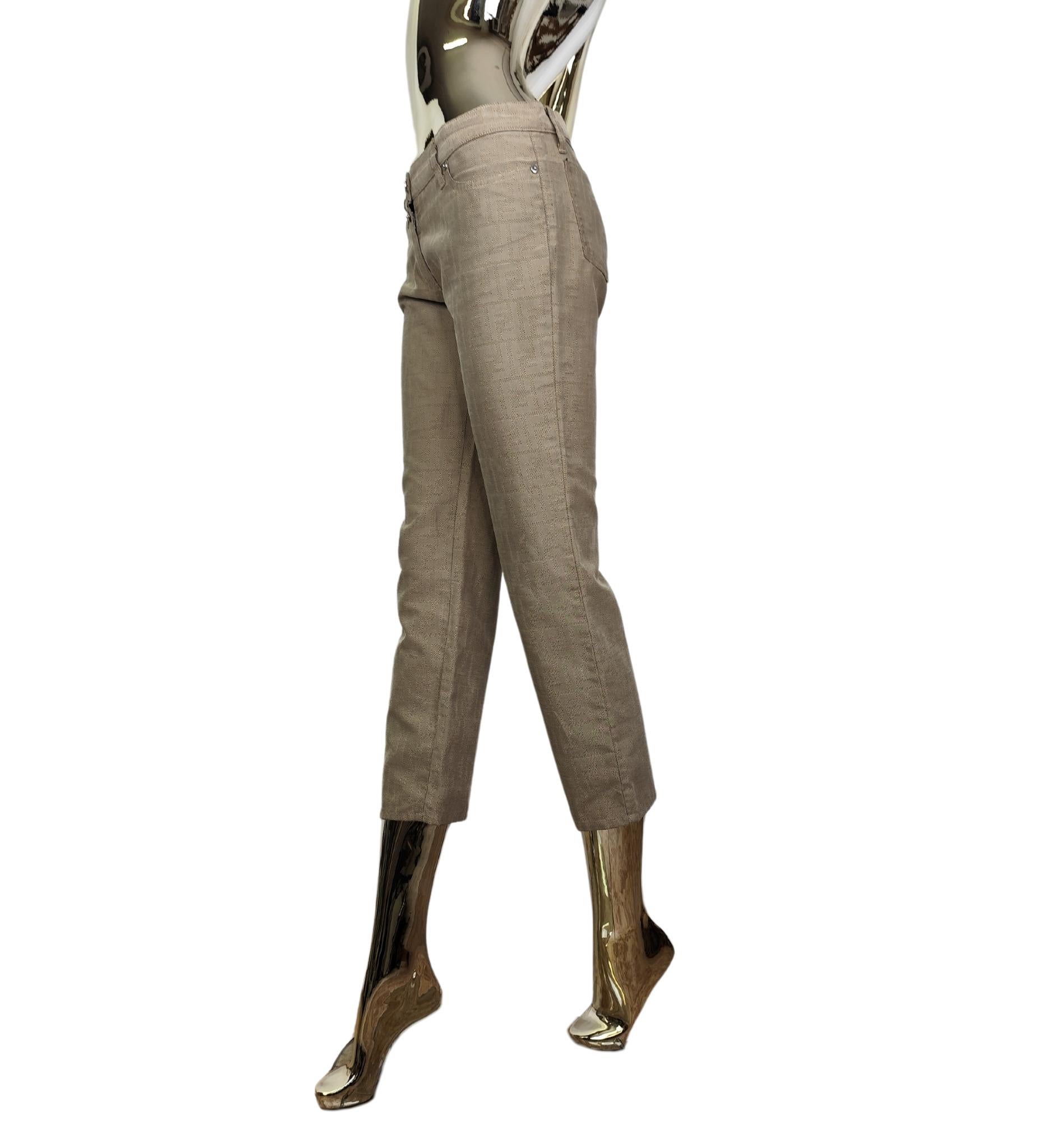 Fendi tan monogram straight cropped pants In Fair Condition For Sale In Milano, IT