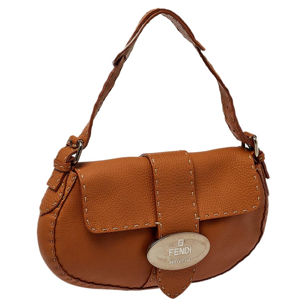 Fendi Tan Roman Leather Selleria Flap Bag In Good Condition In Dubai, Al Qouz 2