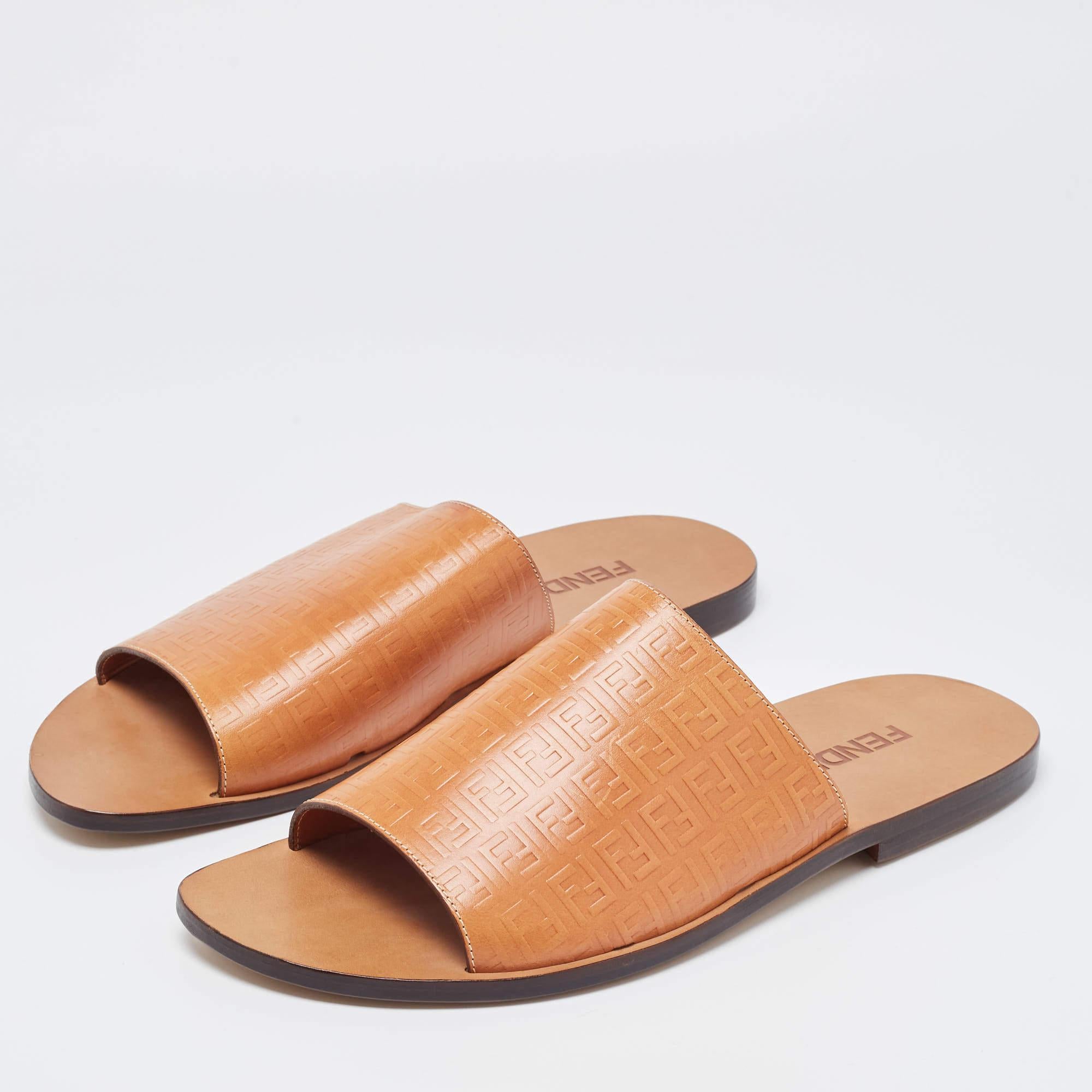 Beige Fendi Tan Zucca Embossed Leather Slides Size 45