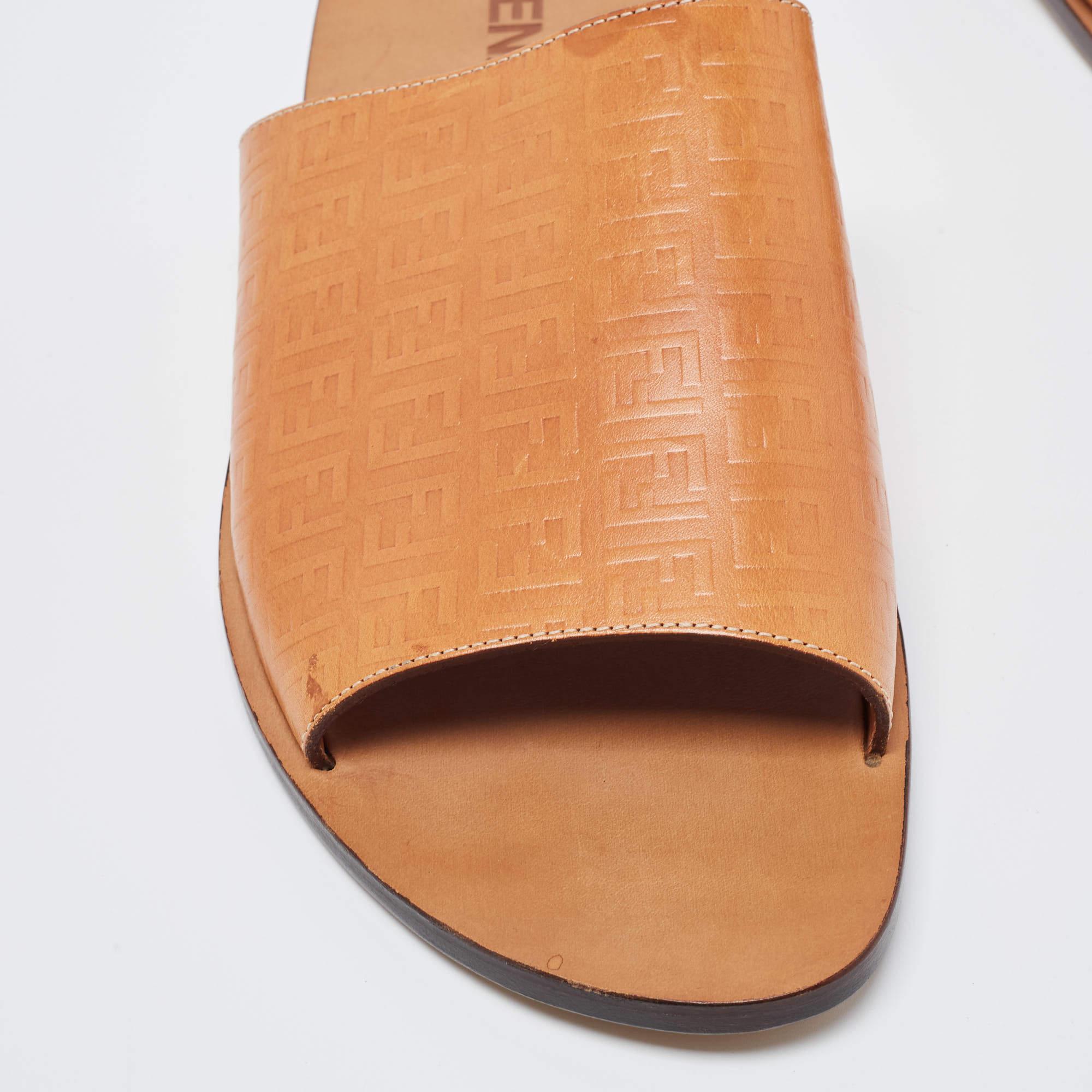 Fendi Tan Zucca Embossed Leather Slides Size 45 In New Condition In Dubai, Al Qouz 2