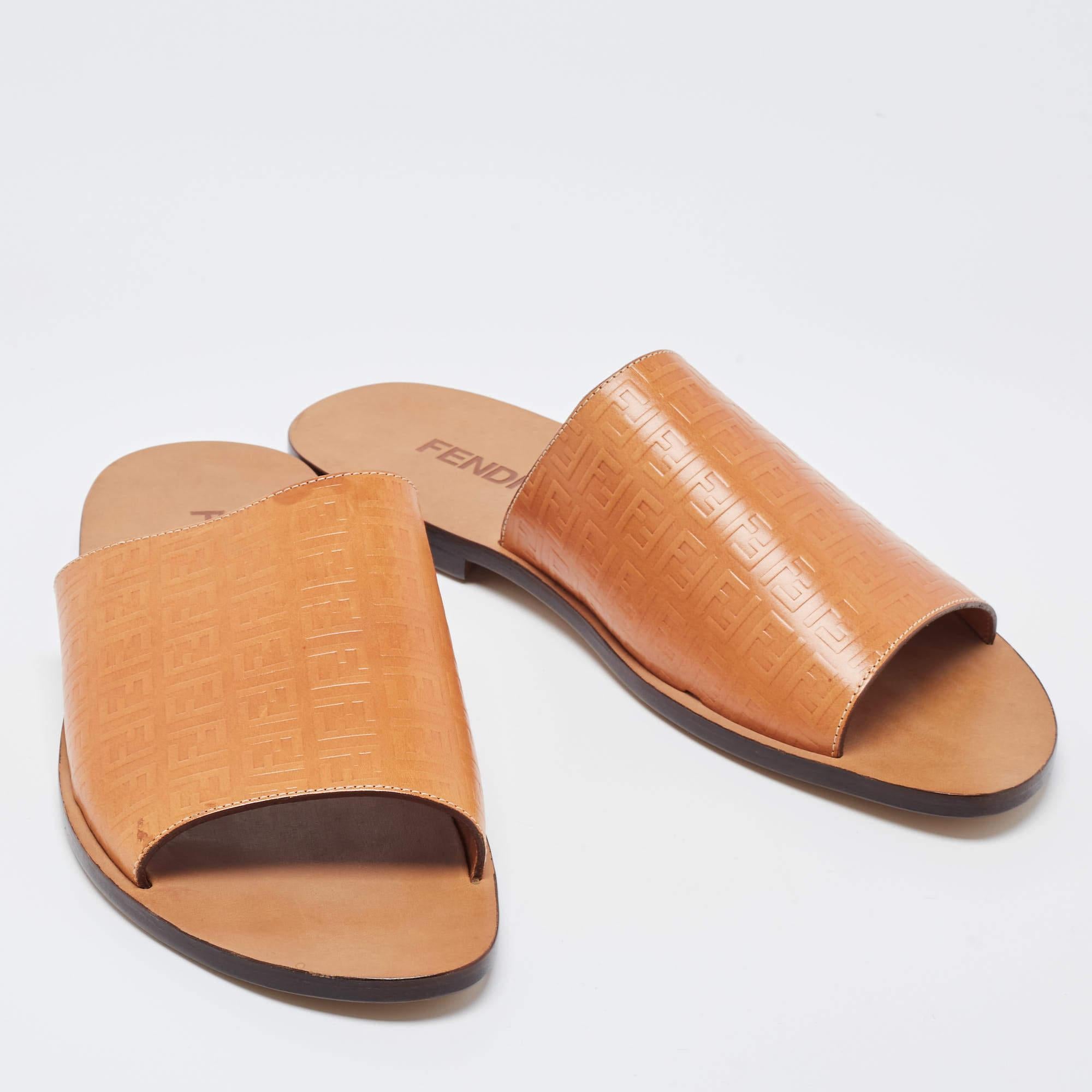 Fendi Tan Zucca Embossed Leather Slides Size 45 3