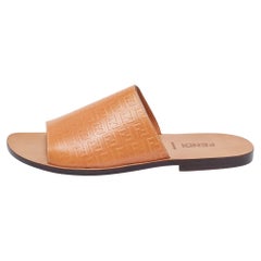 Fendi Tan Zucca Embossed Leather Slides Size 45