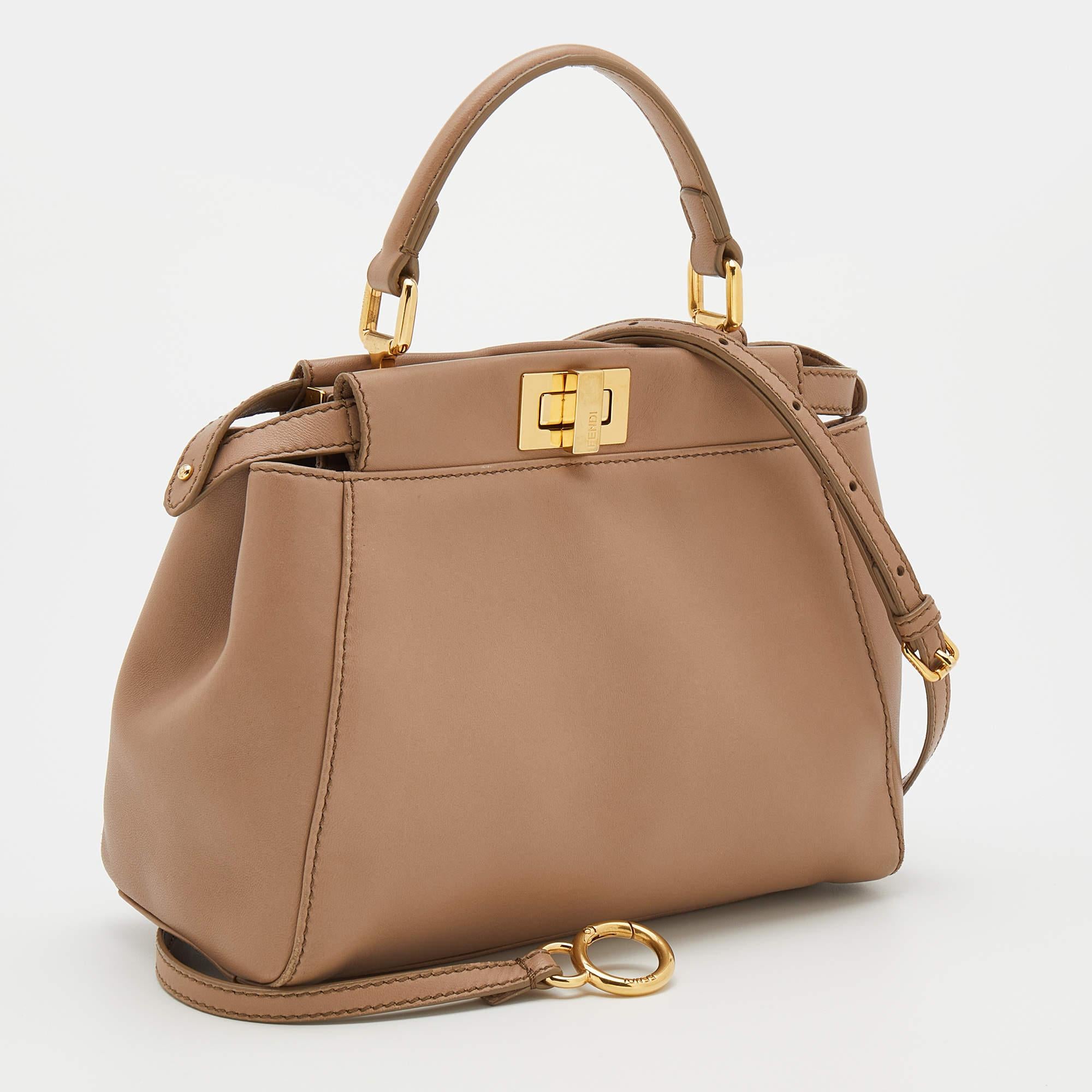 Fendi Taupe Leather Mini Peekaboo Top Handle Bag In Good Condition In Dubai, Al Qouz 2