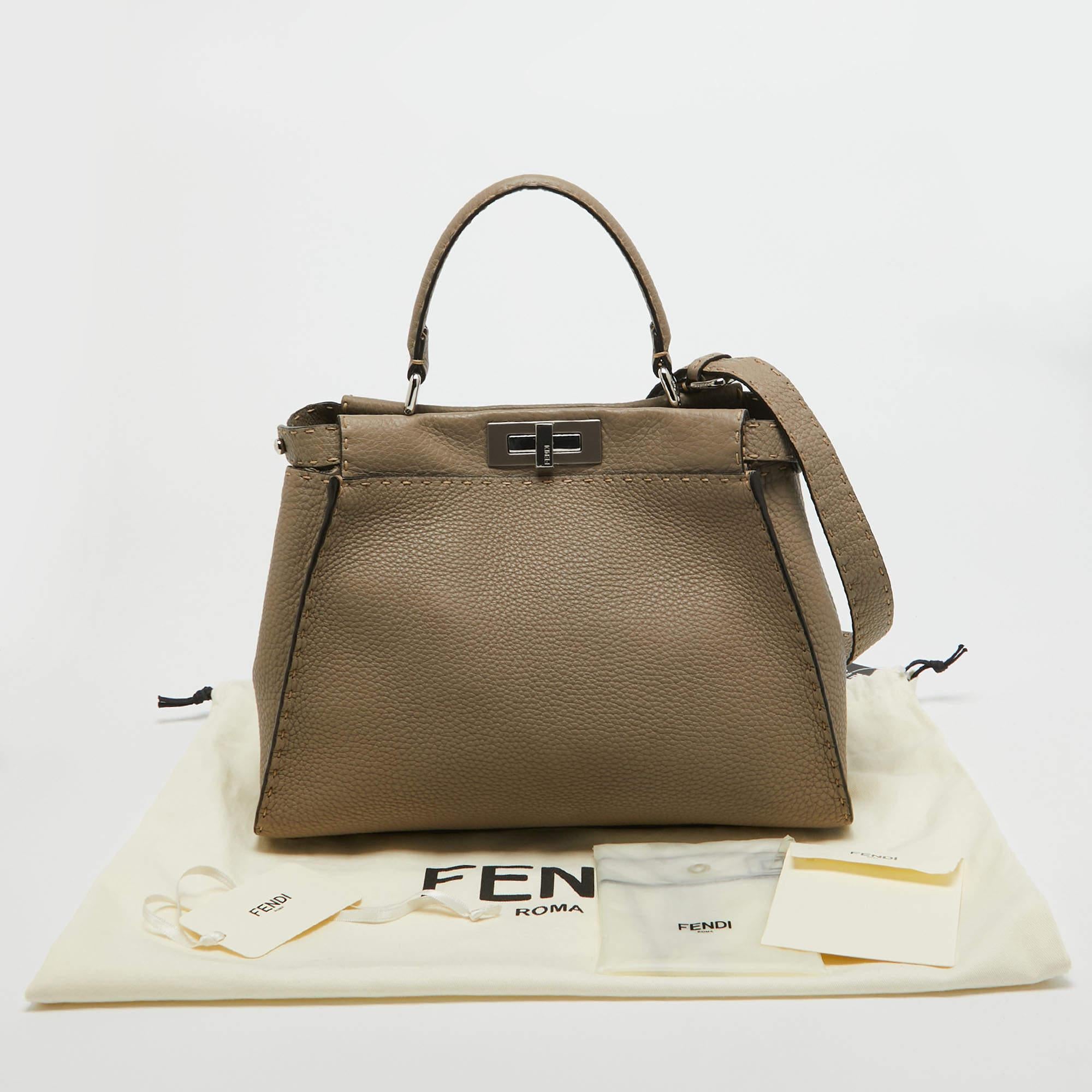 Fendi Taupe Selleria Leather Medium Iconic Peekaboo Top Handle Bag For Sale 9
